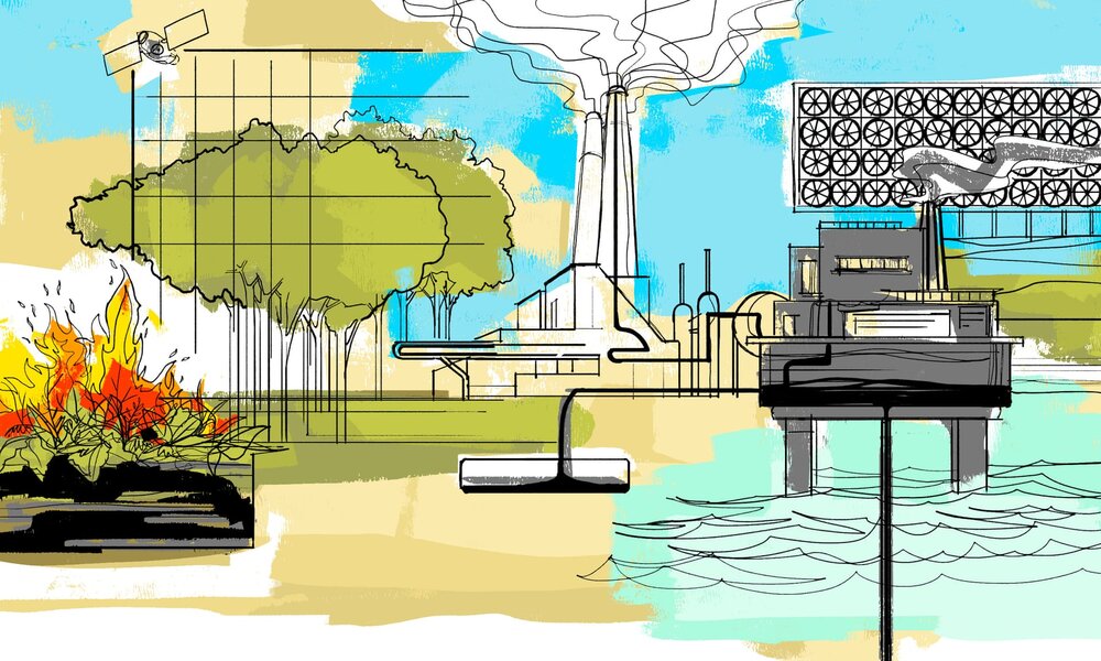 Technical solutions to the climate crisis have been offered by many large corporations. This is an illustration showing Microsoft’s “moonshot” plan to go carbon negative by 2030. Illustration: Greg Betza via The Guardian