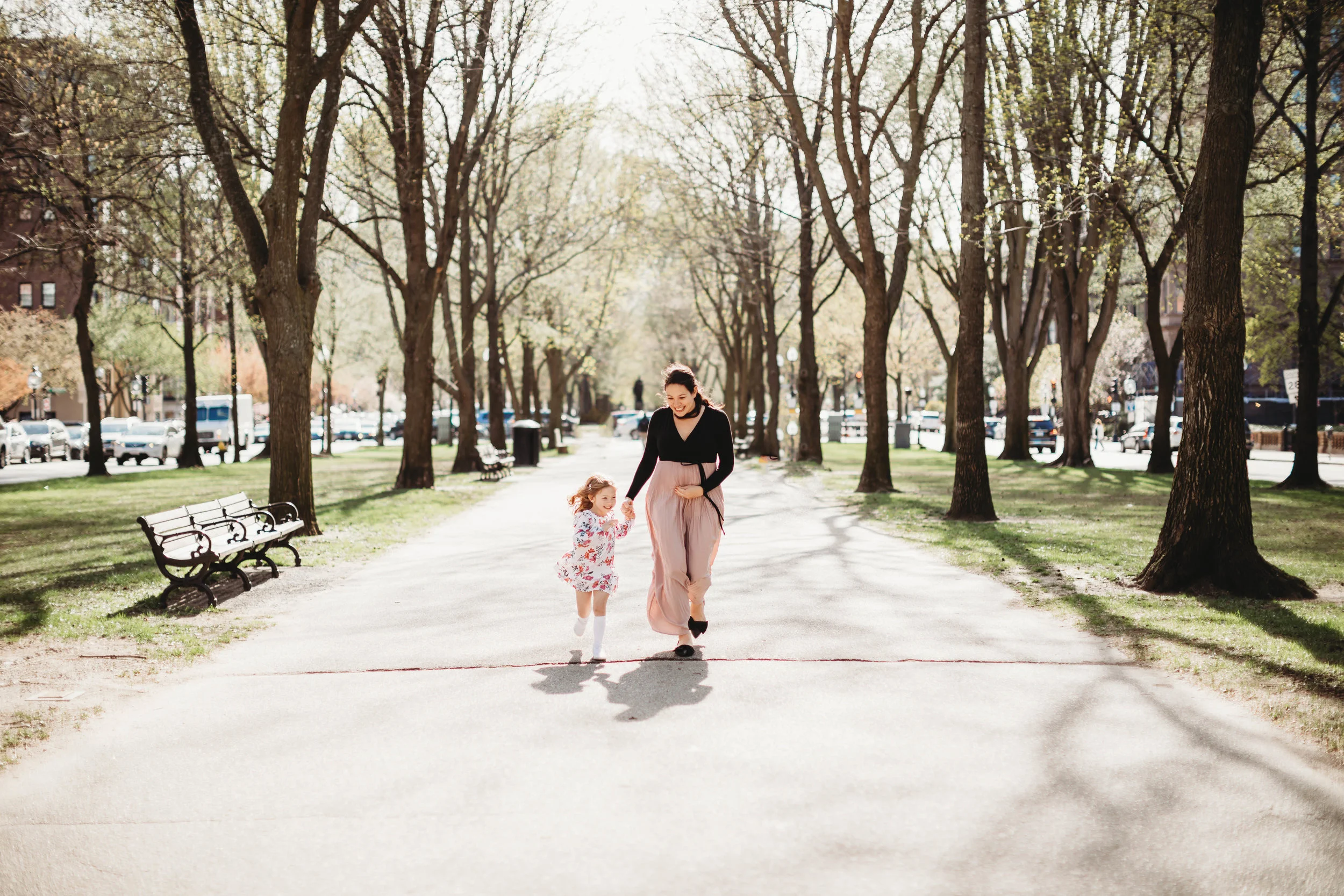 Boston family photographer. New England maternity portraits. Springtime in the Back Bay with an old friend.