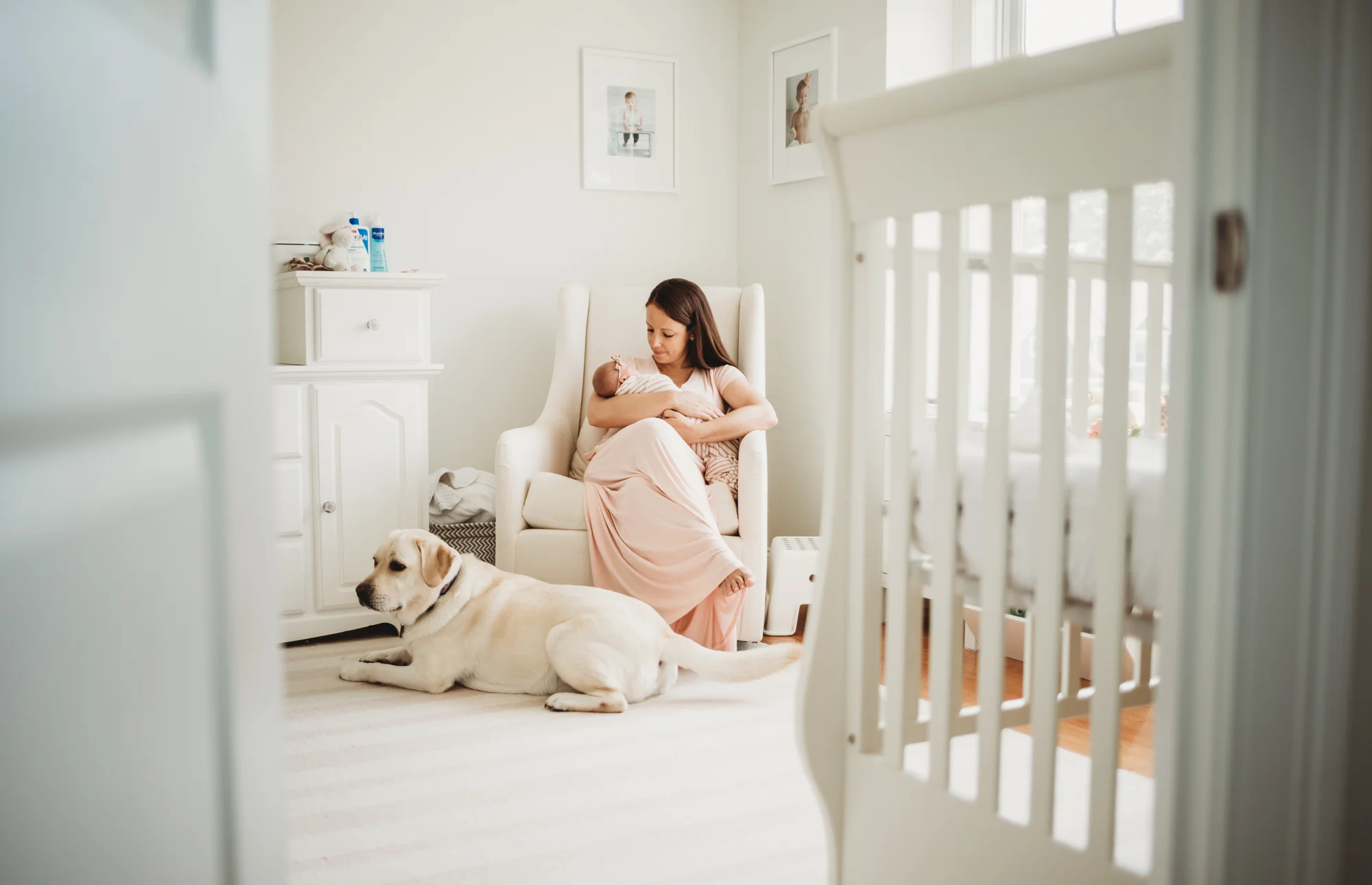 New mom in pale pink dress on rocker with newborn baby and white laborador on the floor at her feet. Wayland, Massachusetts newborn photographer in-home session. Lifestyle newborn photography in Greater Boston.