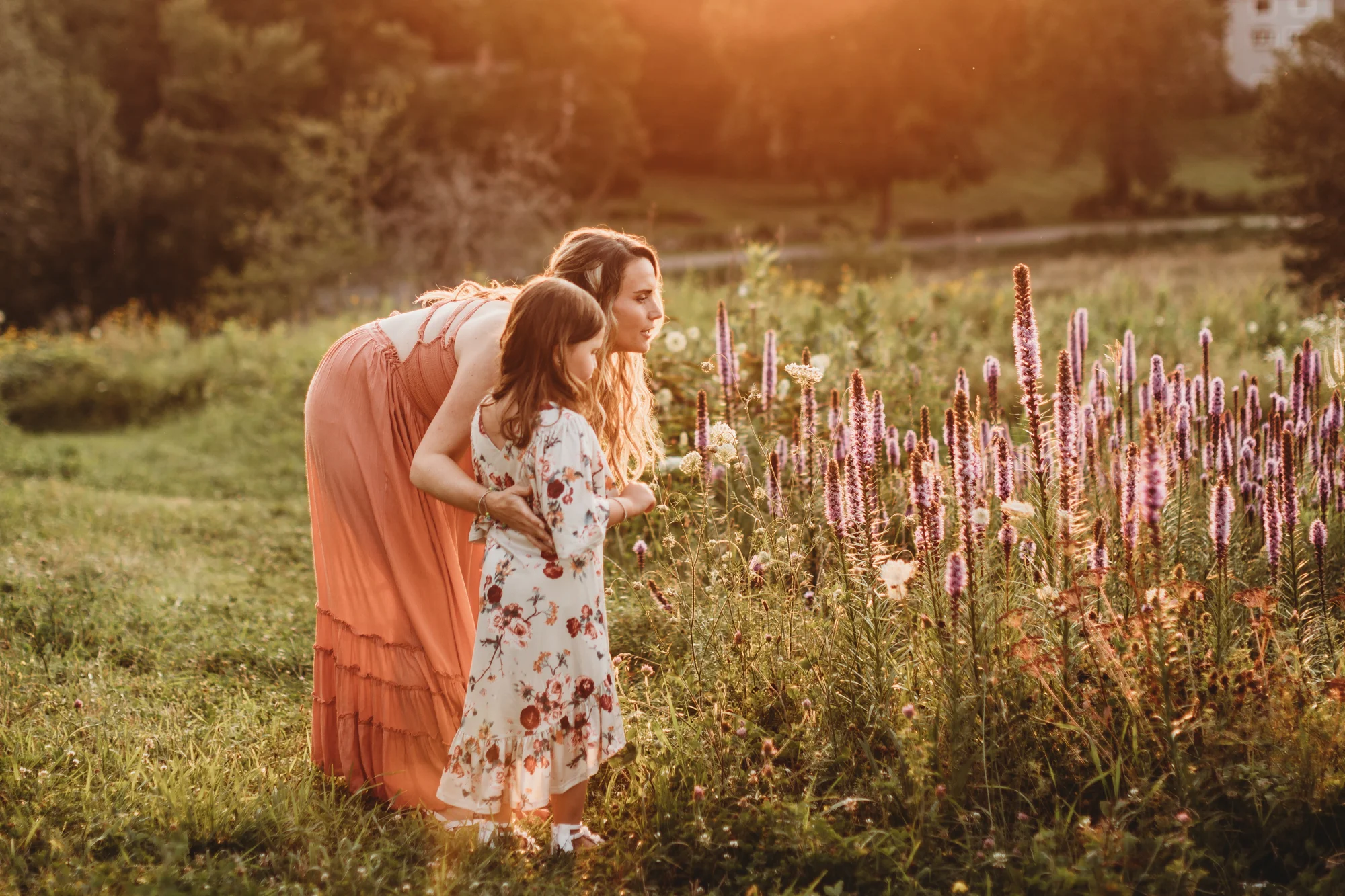 Mother and daughter smell the Framingham, Massachusetts wildflowers during their golden hour family portrait session. Greater Boston natural light photographer. Lifestyle photography.