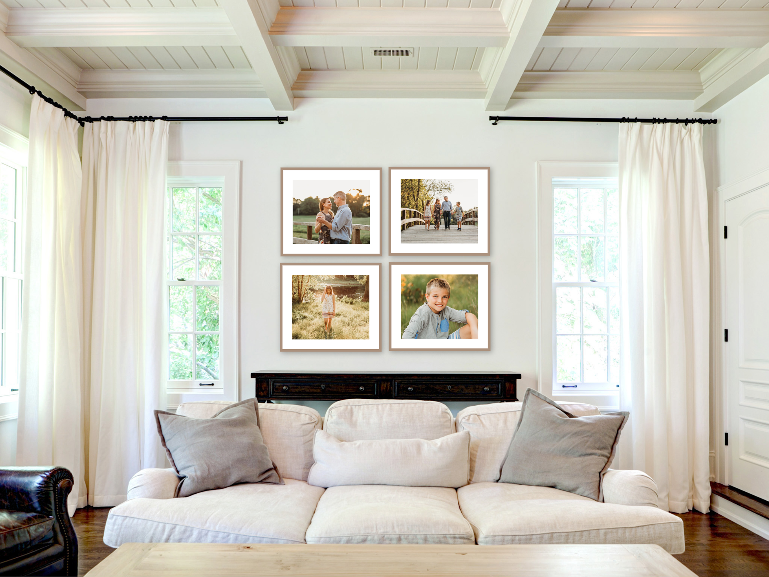 Gallery wall from a family photography session in a client’s living room in Sudbury, Massachusetts.