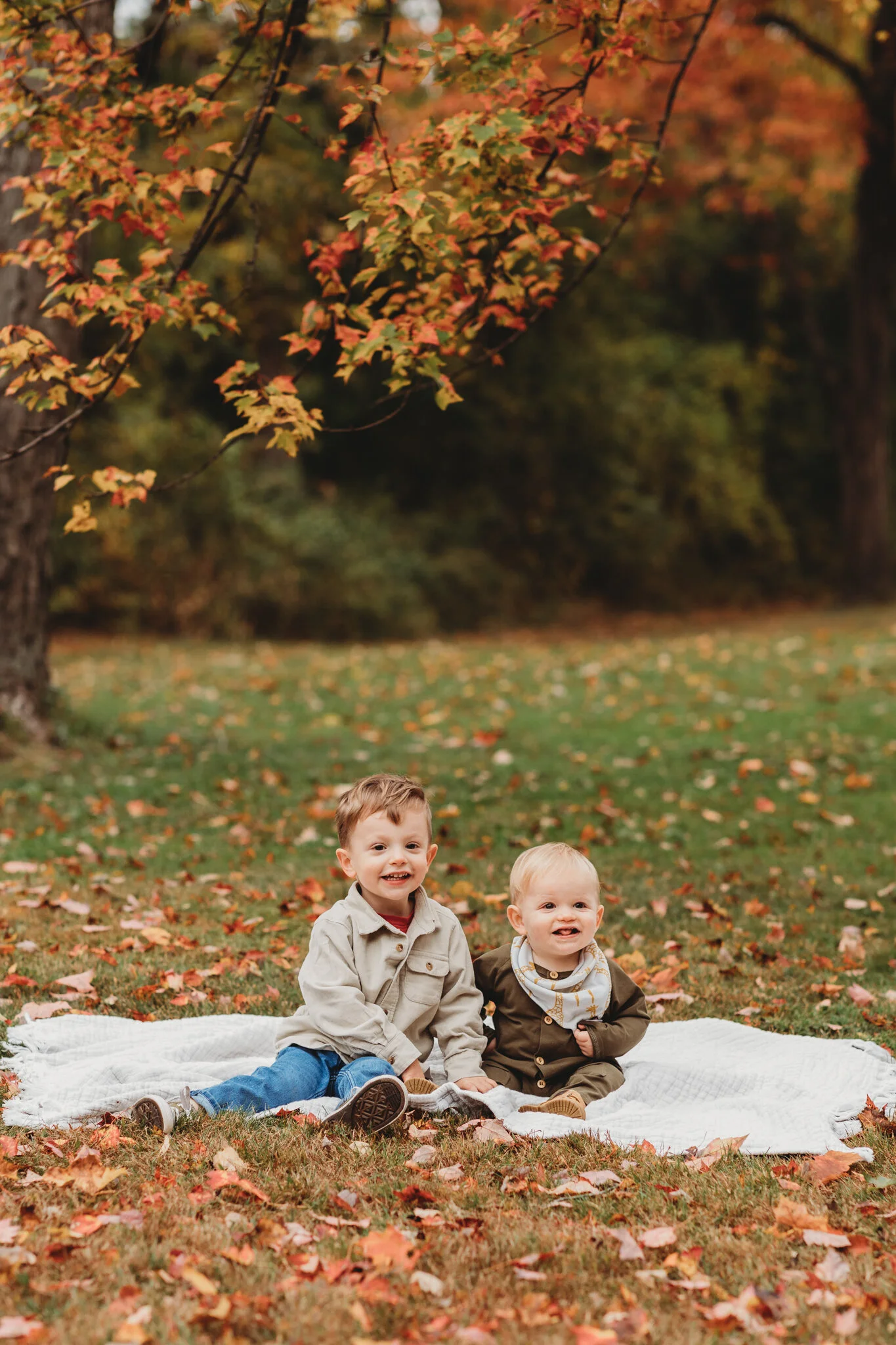 3-year-old and 1-year-old brothers sitting under a brightly colored tree in the fall during their family photography session in Sudbury.