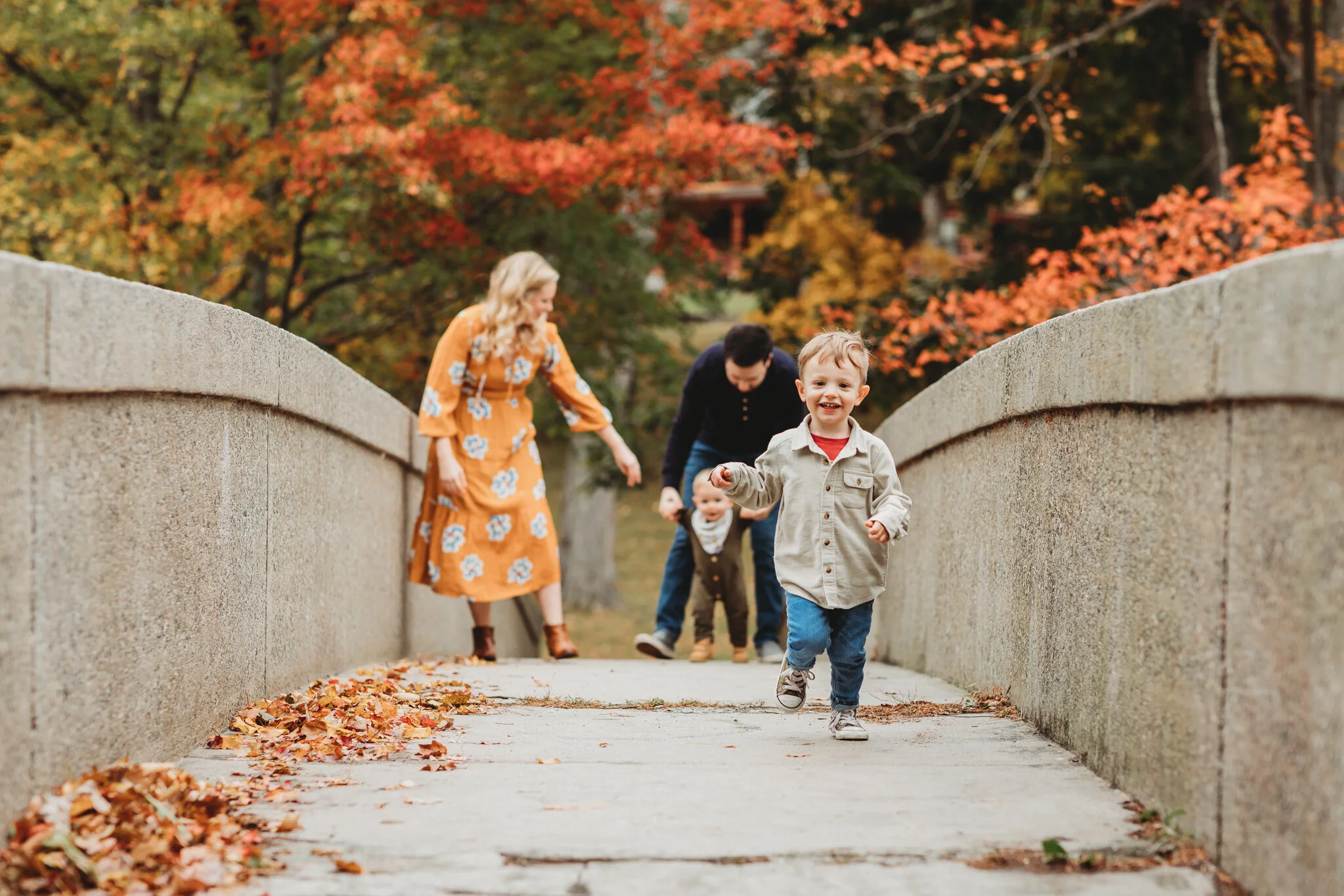 3-year-old running over a stone bridge during the peak foliage season in Massachusetts during his family’s photo session. Sudbury family photographer Joy LeDuc shares her top tips for getting a coveted family photo session during this season.