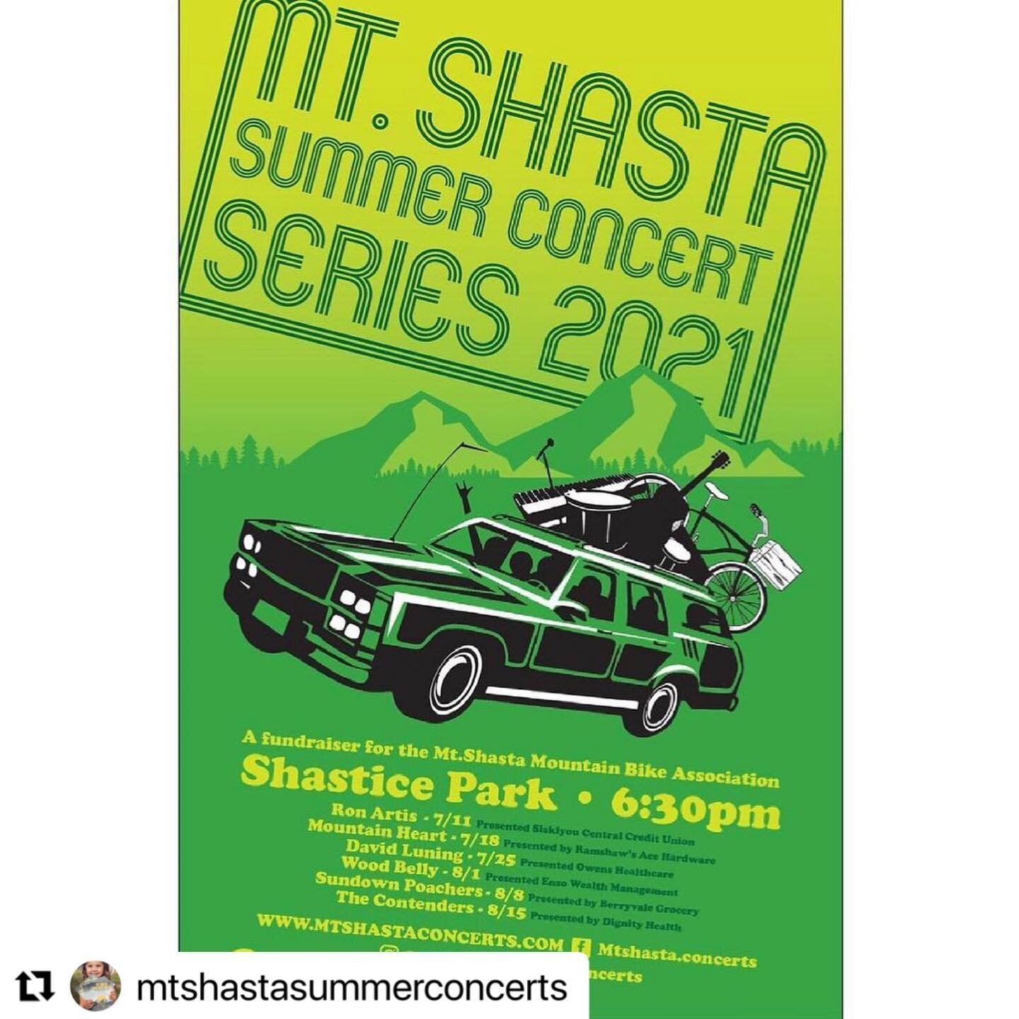 It all starts this Sunday with Ron Artis! Hope to see you all there! Details Below! 
#Repost @mtshastasummerconcerts 
・・・
🏔✨🎶💚🏔✨🎶🏔✨🎶💚
Mt. Shasta Summer Concert series 2021 . . . 

Check out the details! (A fundraiser for Mt.Shasta Mountain Bi