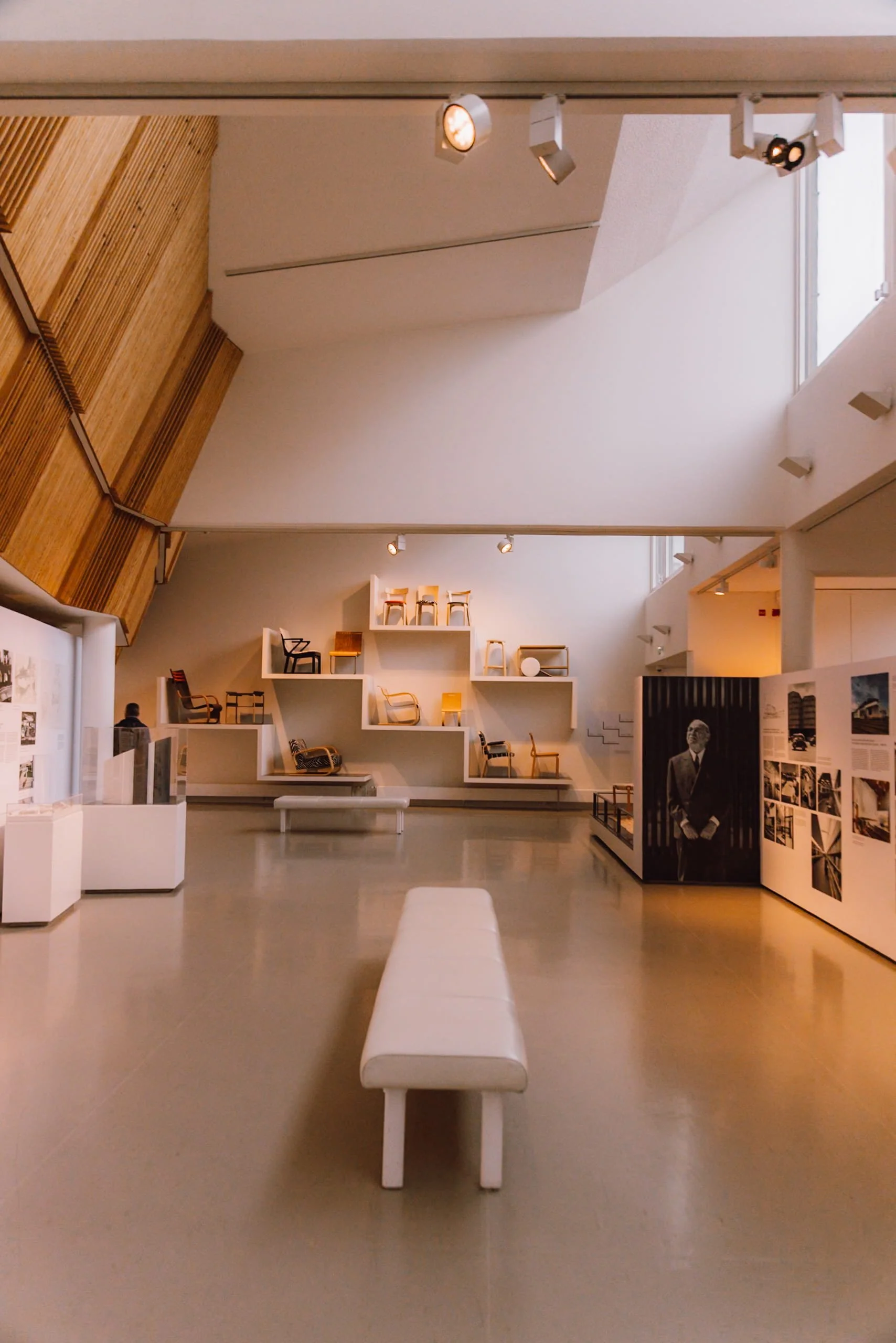 Inside Aalto museum in Jyväskylä shows furniture and information boards