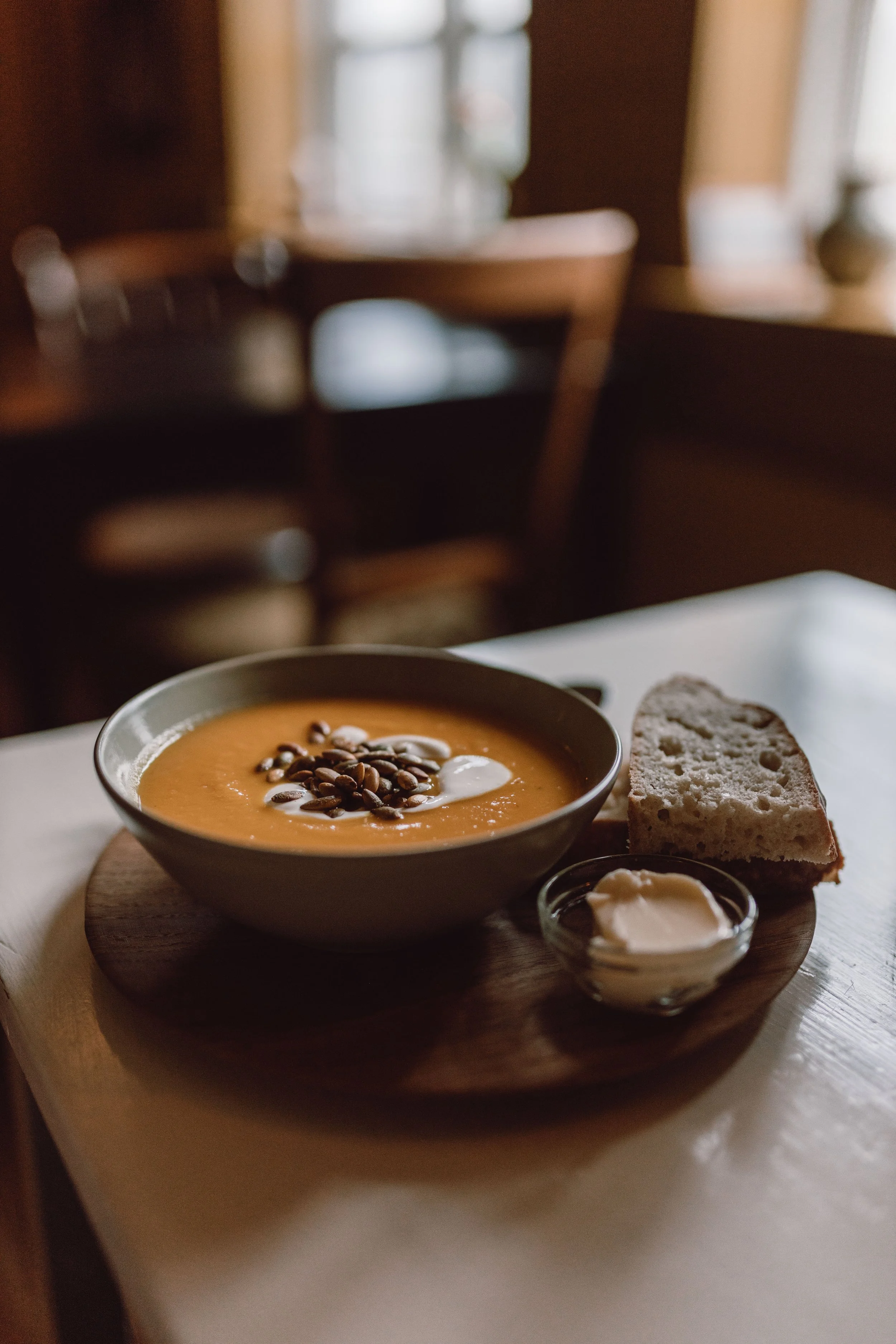 delicious homemade butternut soup with bread and butter in mormor cafe suduroy