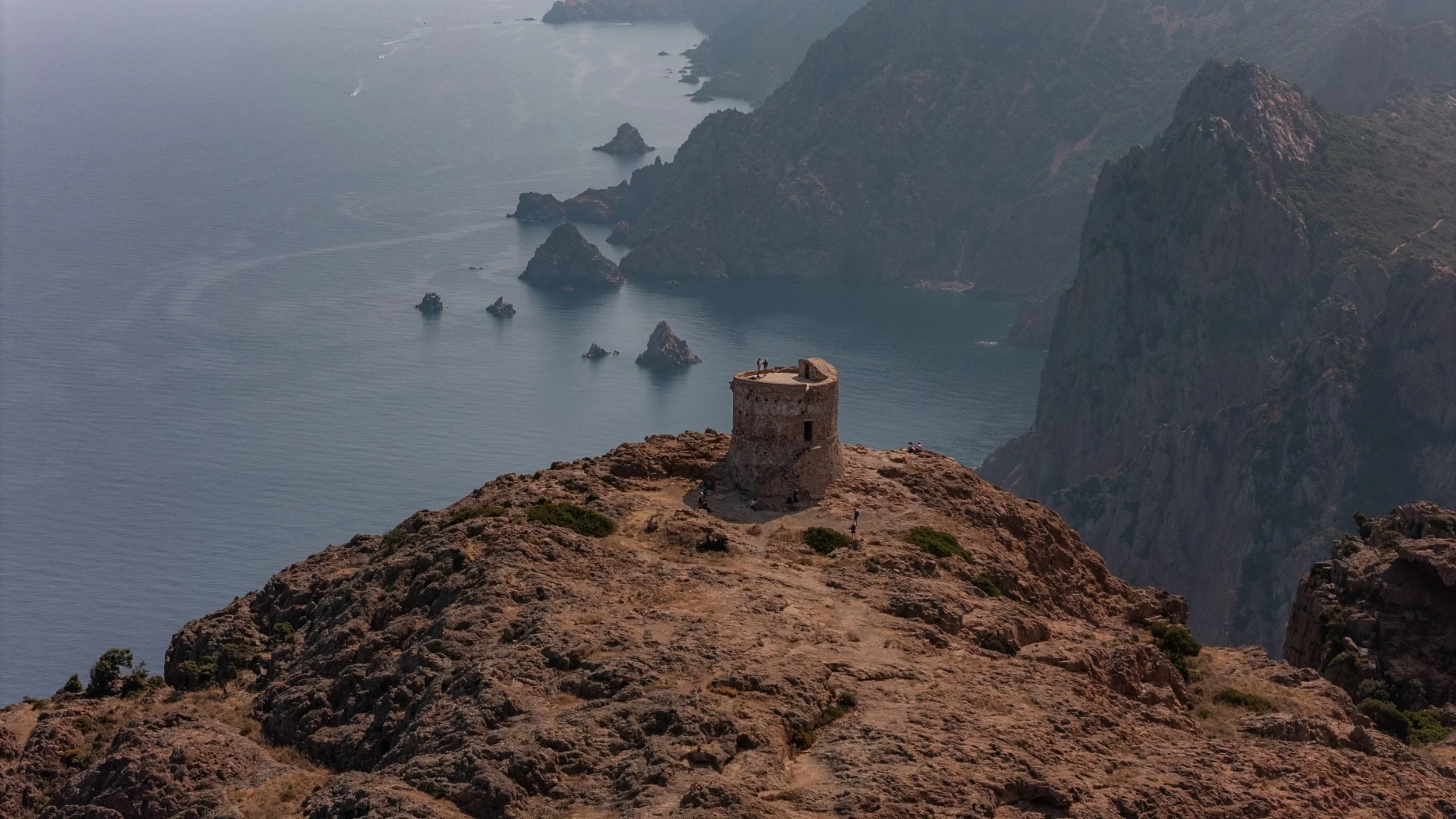 drone photo above genoese tower capo rosso