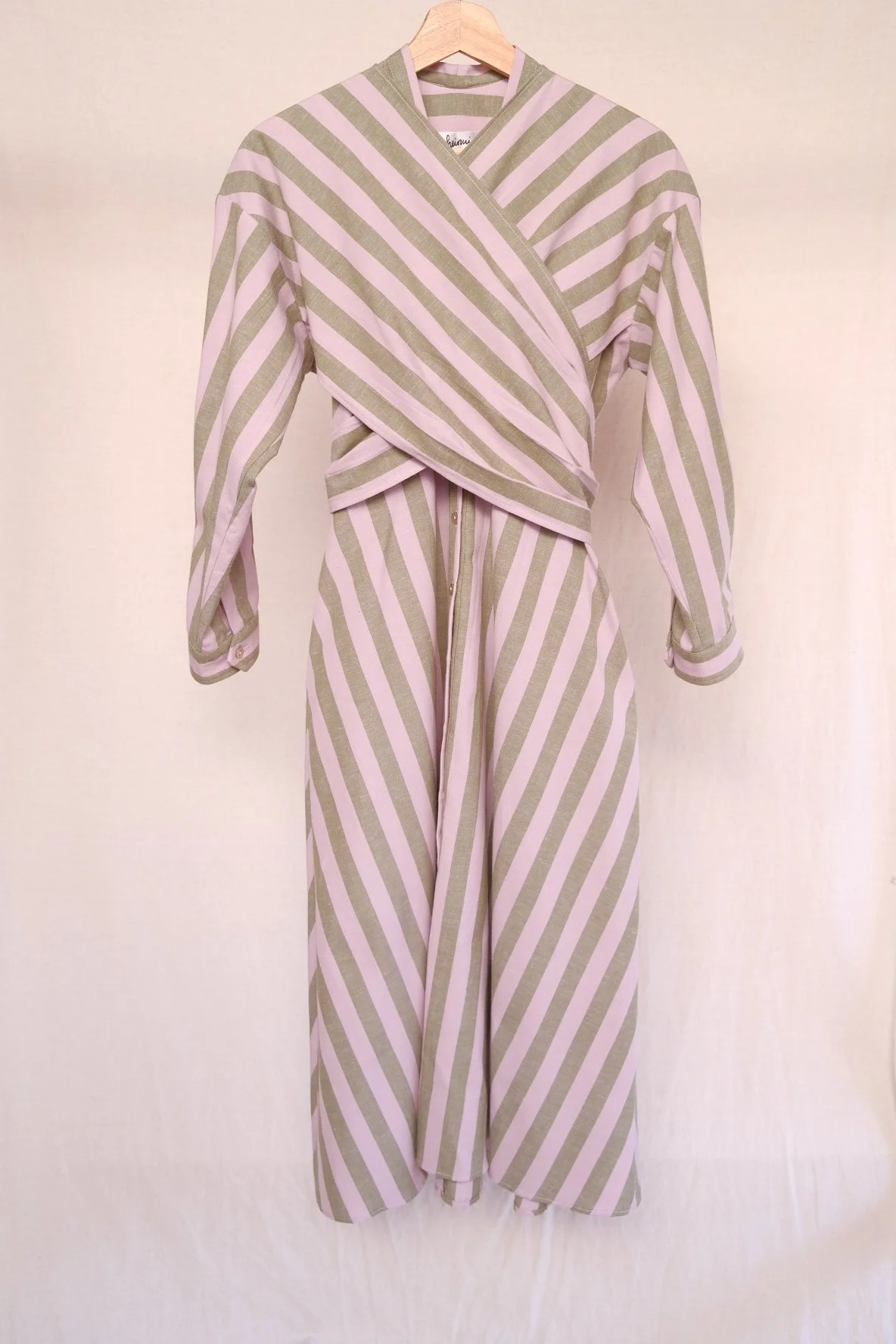 CIRCE dress in the olive/pale pink striped fabric - S
