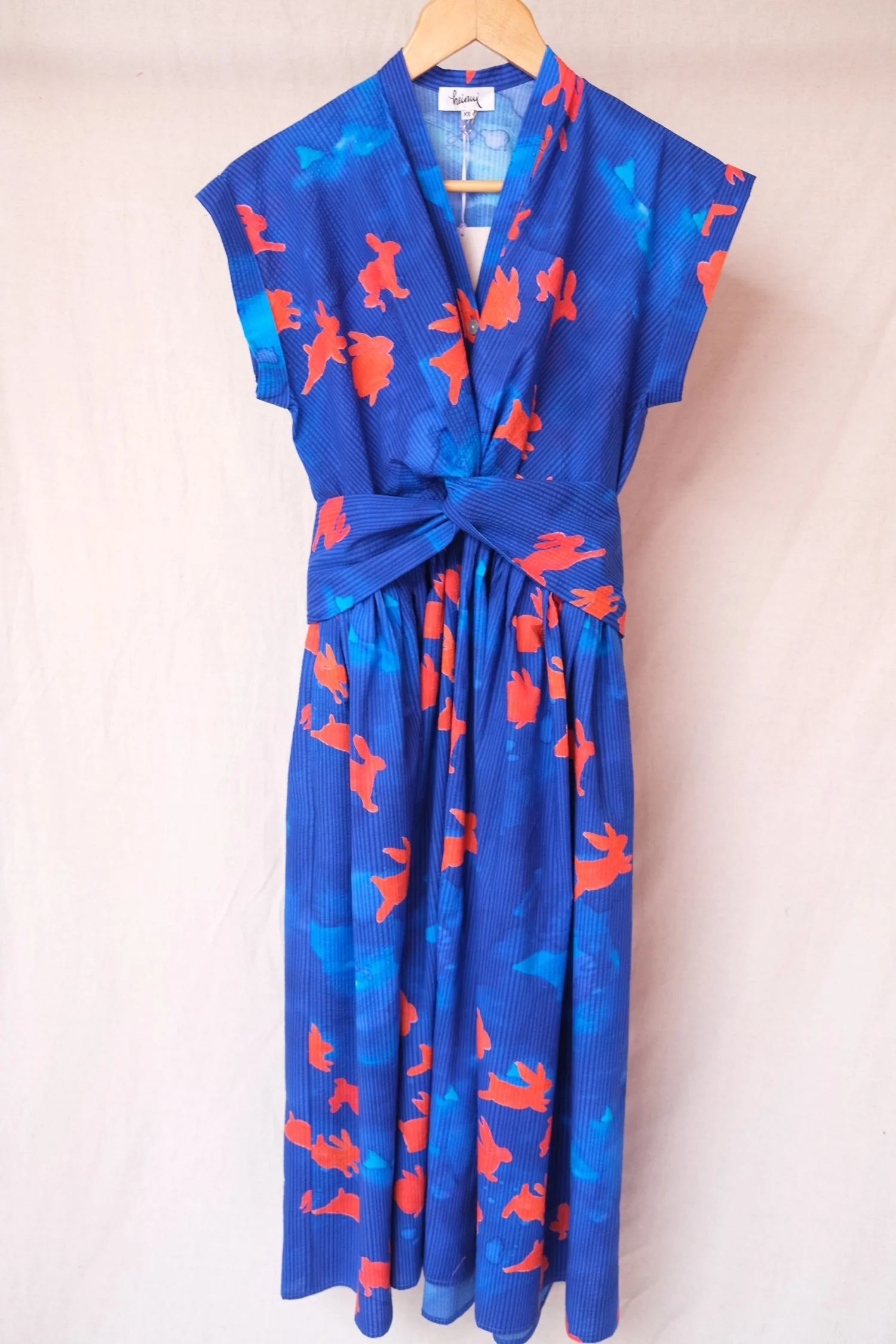 MARINA dress in the blue red bunnies print - L
