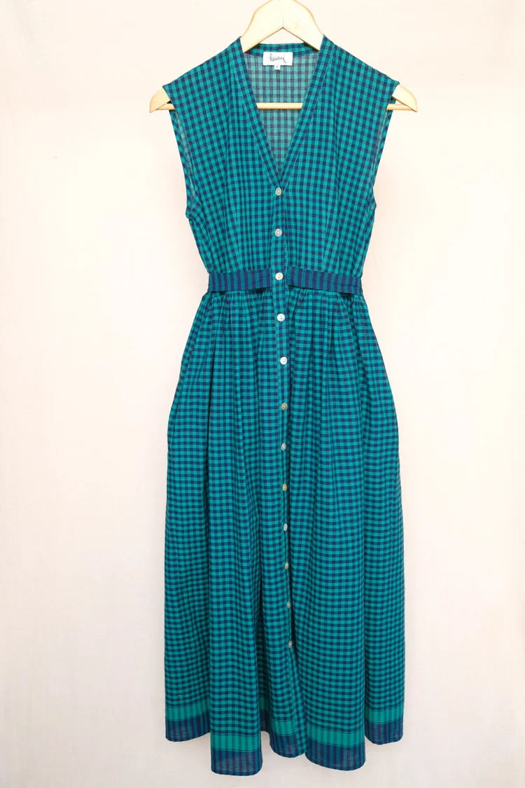 PERLA dress in the navy/green gingham fabric - S, M