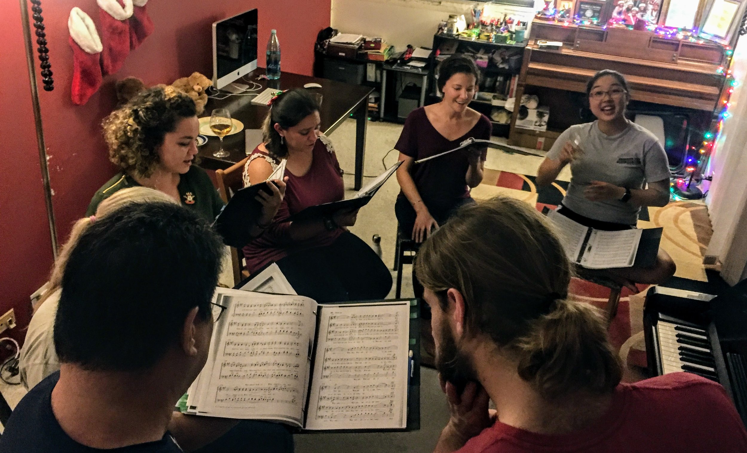 Karol, Mitch, Greg, Lena, Carlyn, Brittani, and Taylor in the middle of working on notes and nuances. 