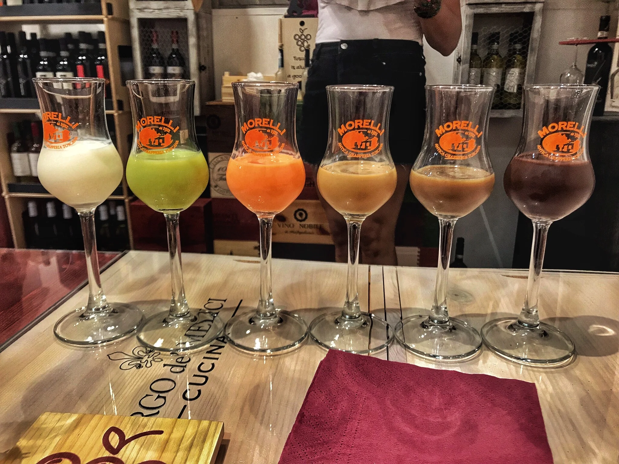 An assortment of delicious liqueurs – can you guess the flavors? (We couldn't, we had to try them). 