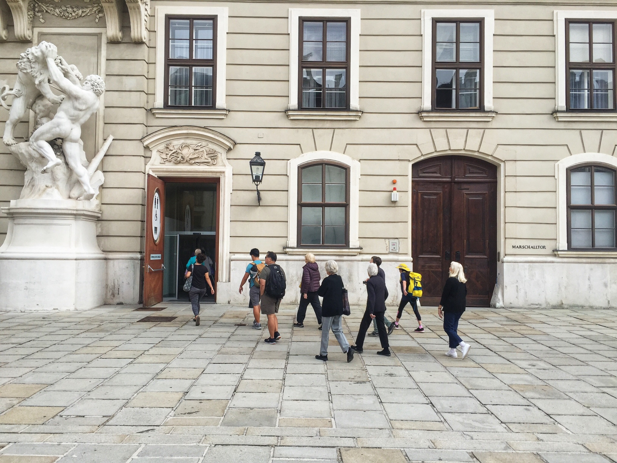 More stretched than our necks were the tour-goers' bladders. Featured here is the 3rd Urinary Battalion, charging a Viennese restroom. 