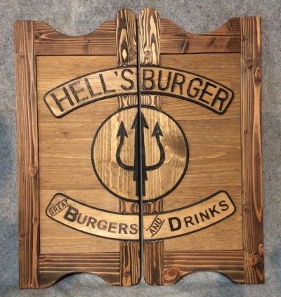 Hell's Burger western saloon door with company logo