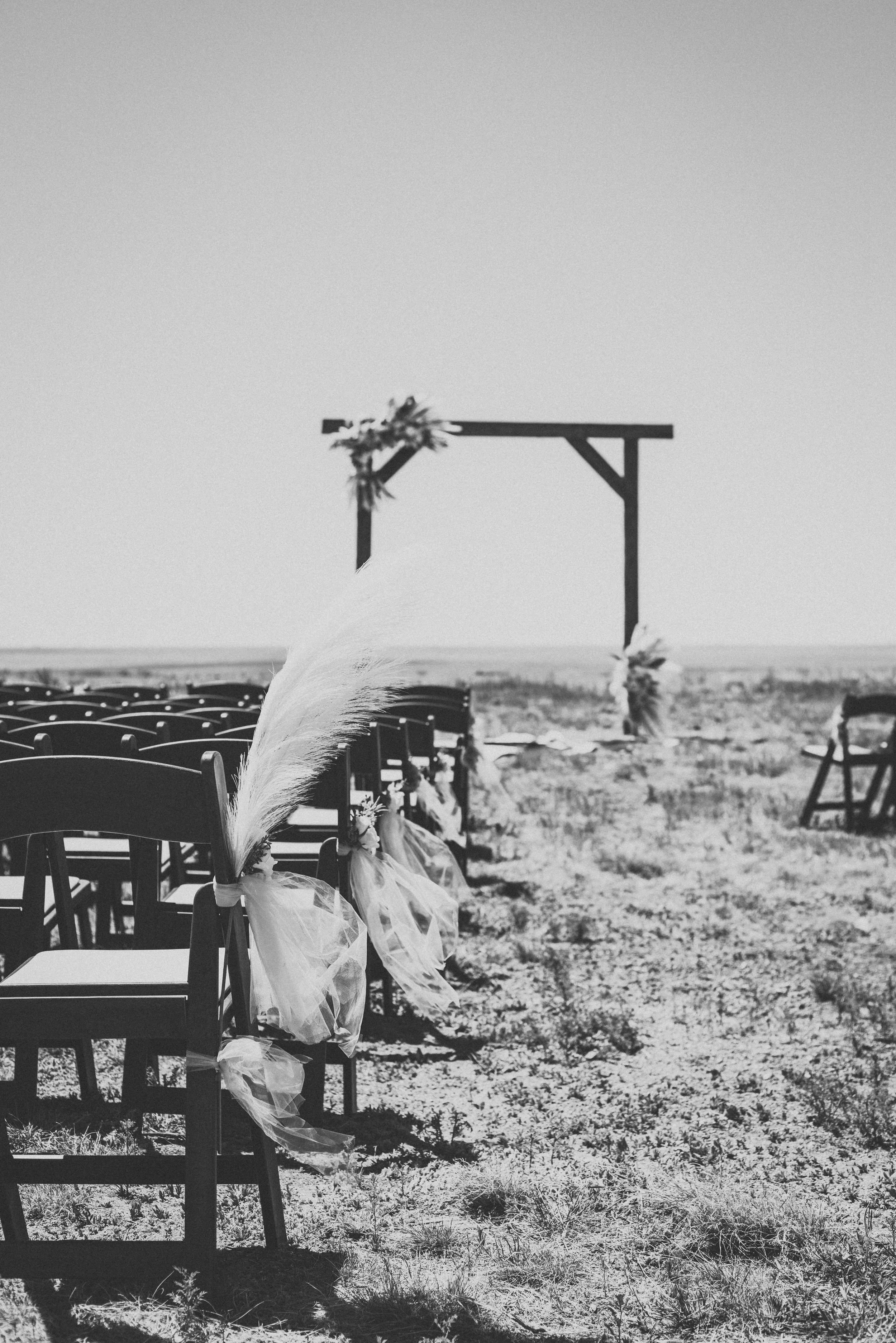 Empty outdoor wedding ceremony setup with chairs decorated with tulle and large feathers, leading to an arch on a sandy beach under a clear sky.