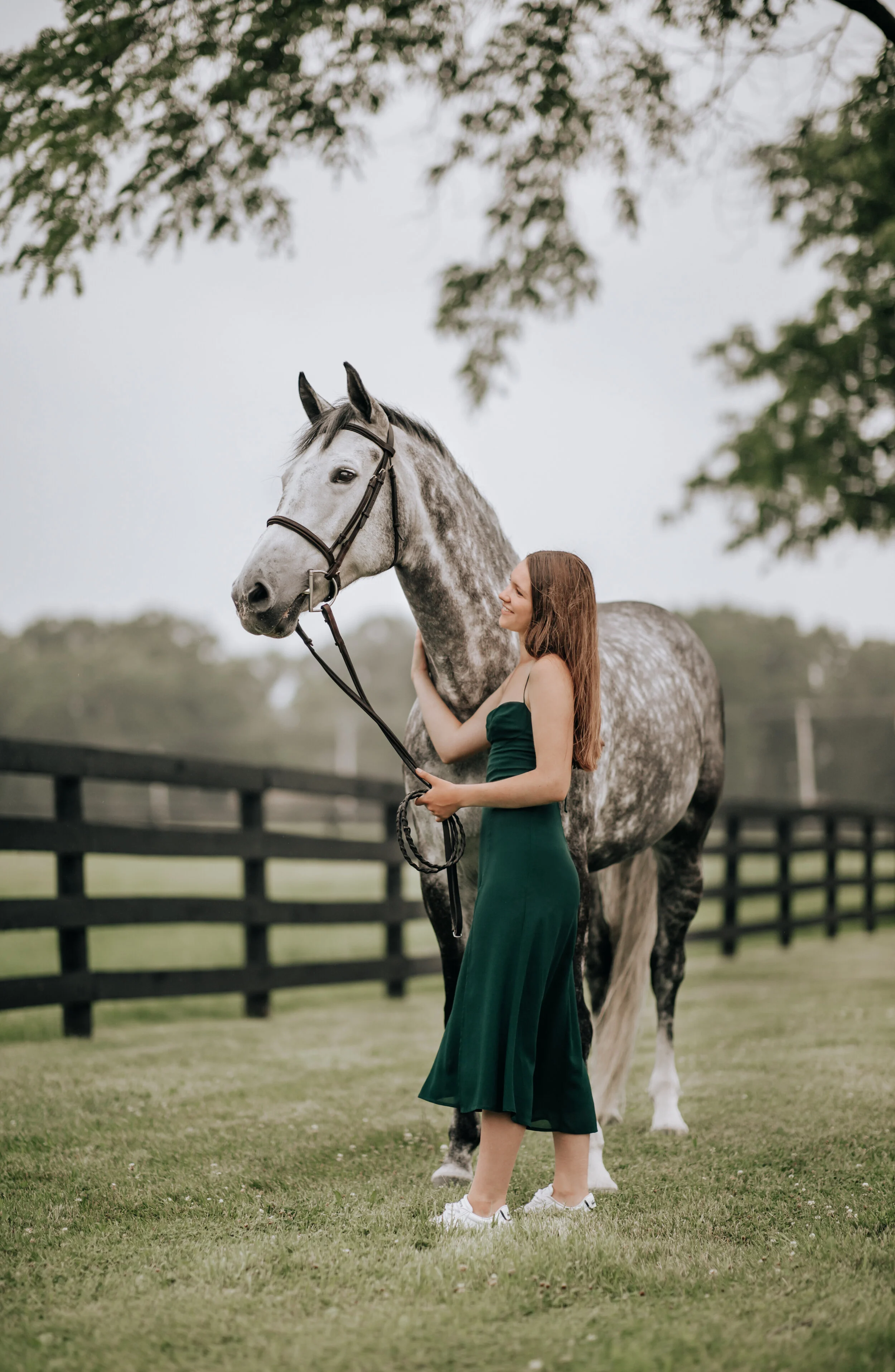A young woman in a green dress standing on grass, holding the bridle of a gray horse with a white face in an outdoor setting, with a black fence in the background and trees overhead.
