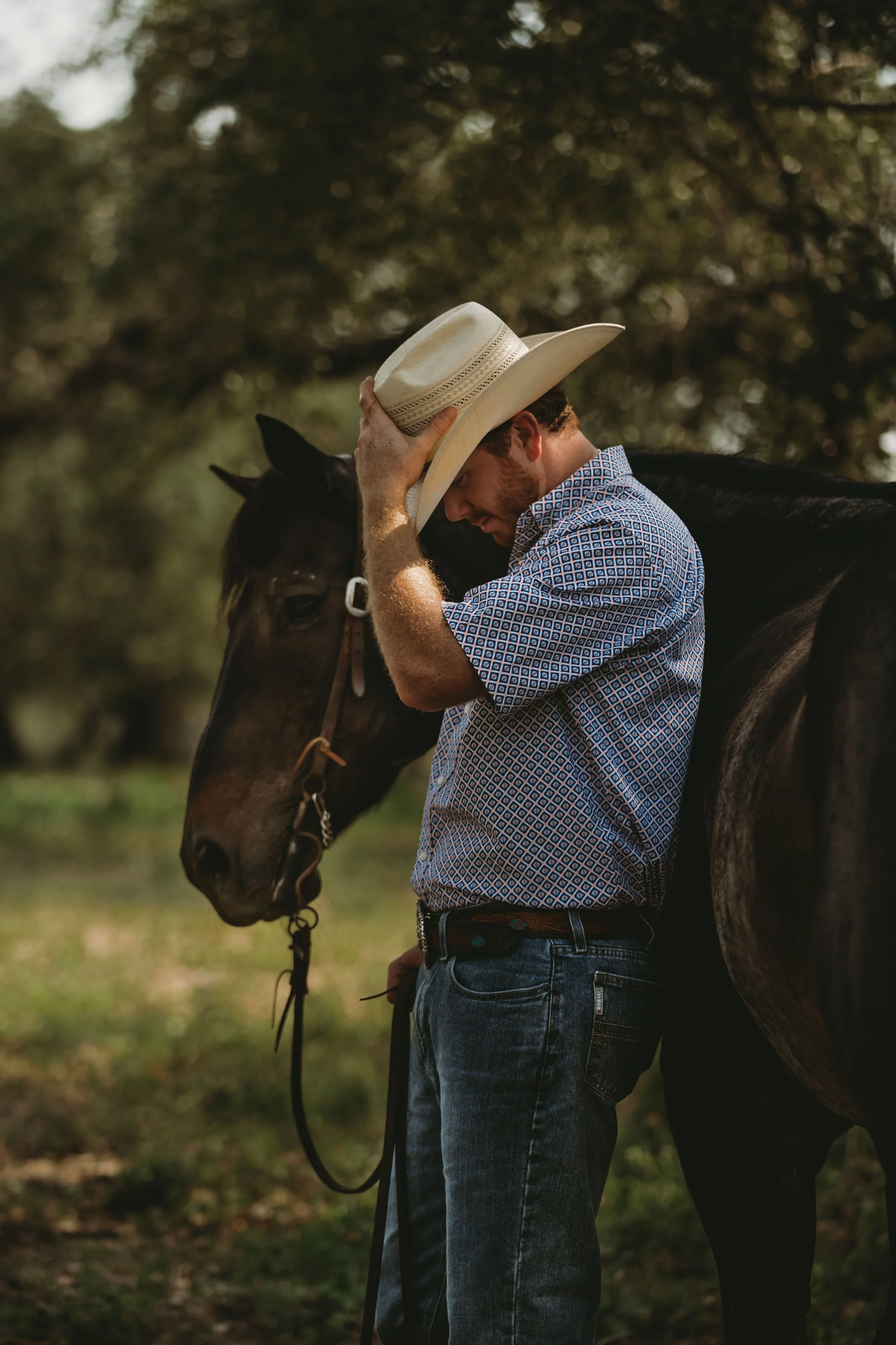 A man wearing a patterned shirt and jeans is gently holding a man's hat while standing next to a dark brown horse. The man is holding the horse's bridle, and the horse has a brown leather halter. The scene is outdoors with a blurred background of tre