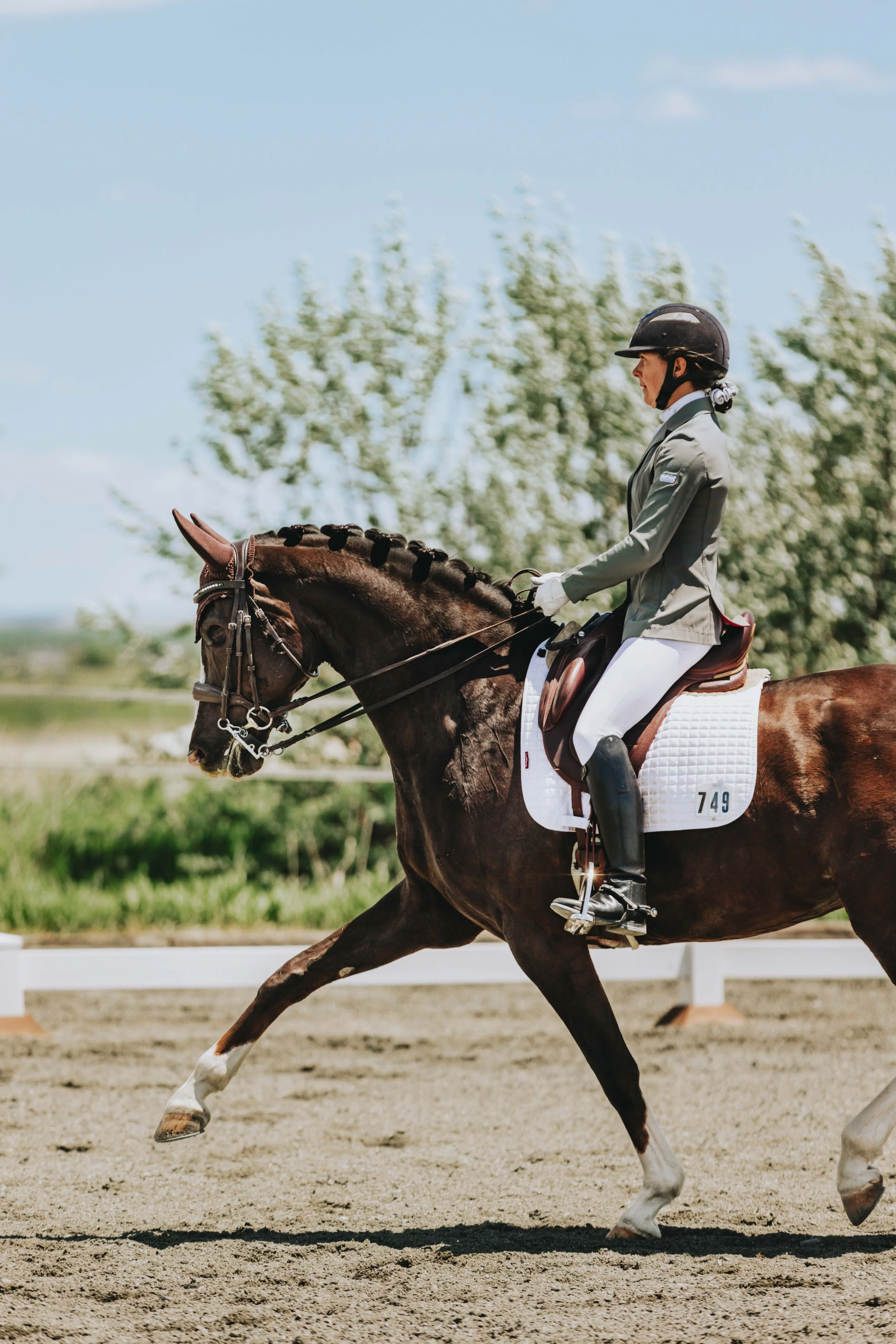 A rider in formal riding attire, including a helmet and gloves, riding a dark brown horse with a braided mane in an outdoor dressage arena on a sunny day with a blue sky and green trees in the background.