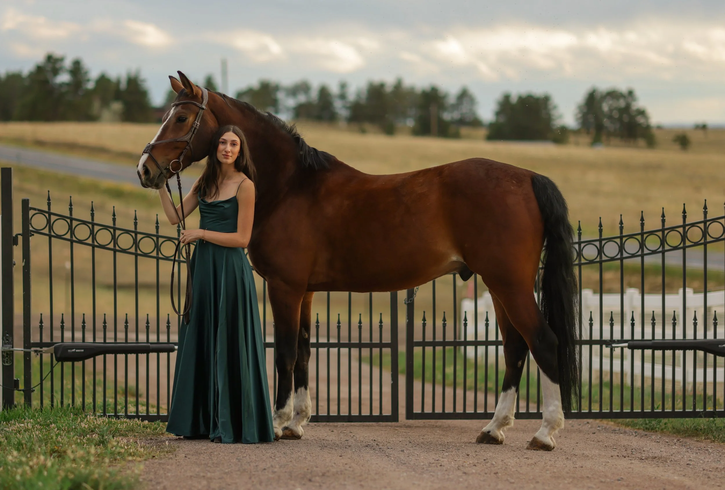 A young woman with long dark hair in a green dress standing next to a brown and white horse with a black mane, holding its bridle in an outdoor fenced area with a grassy field and trees in the background under a cloudy sky.