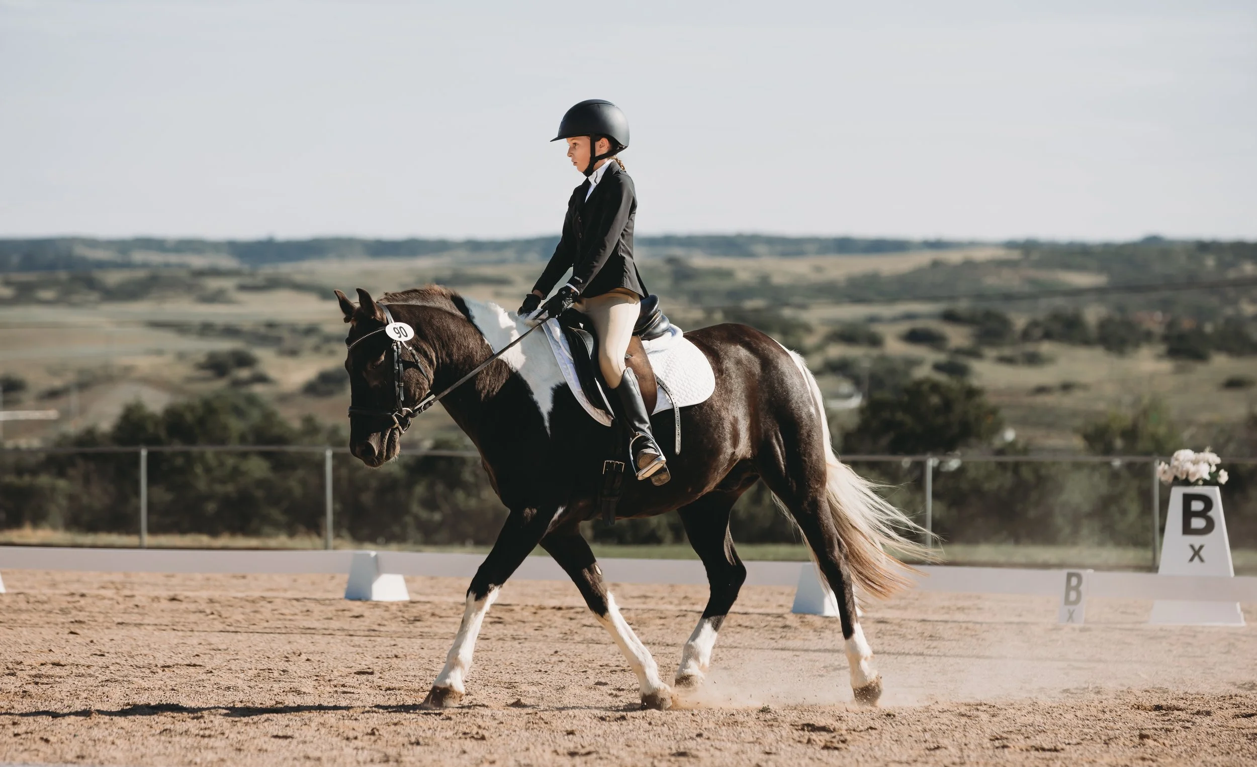 A young woman dressed in riding attire participating in a dressage competition, riding a brown and white pinto horse in an outdoor arena with dressage letters.