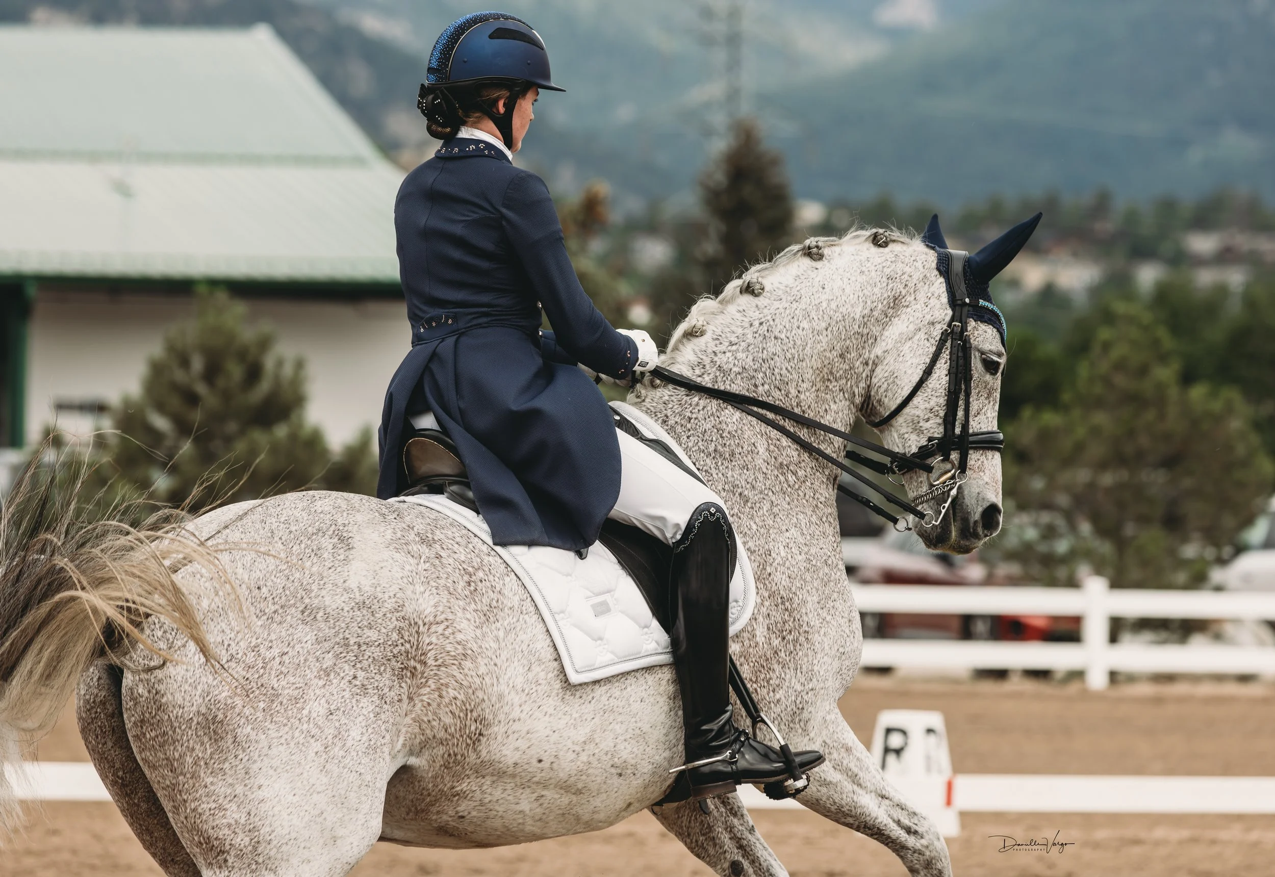 A woman dressed in formal equestrian attire riding a white and grey speckled horse during a competition.