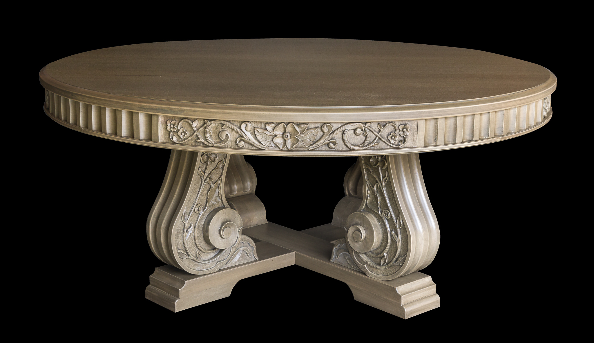 72" round cherry dining table with hand carved apron and legs