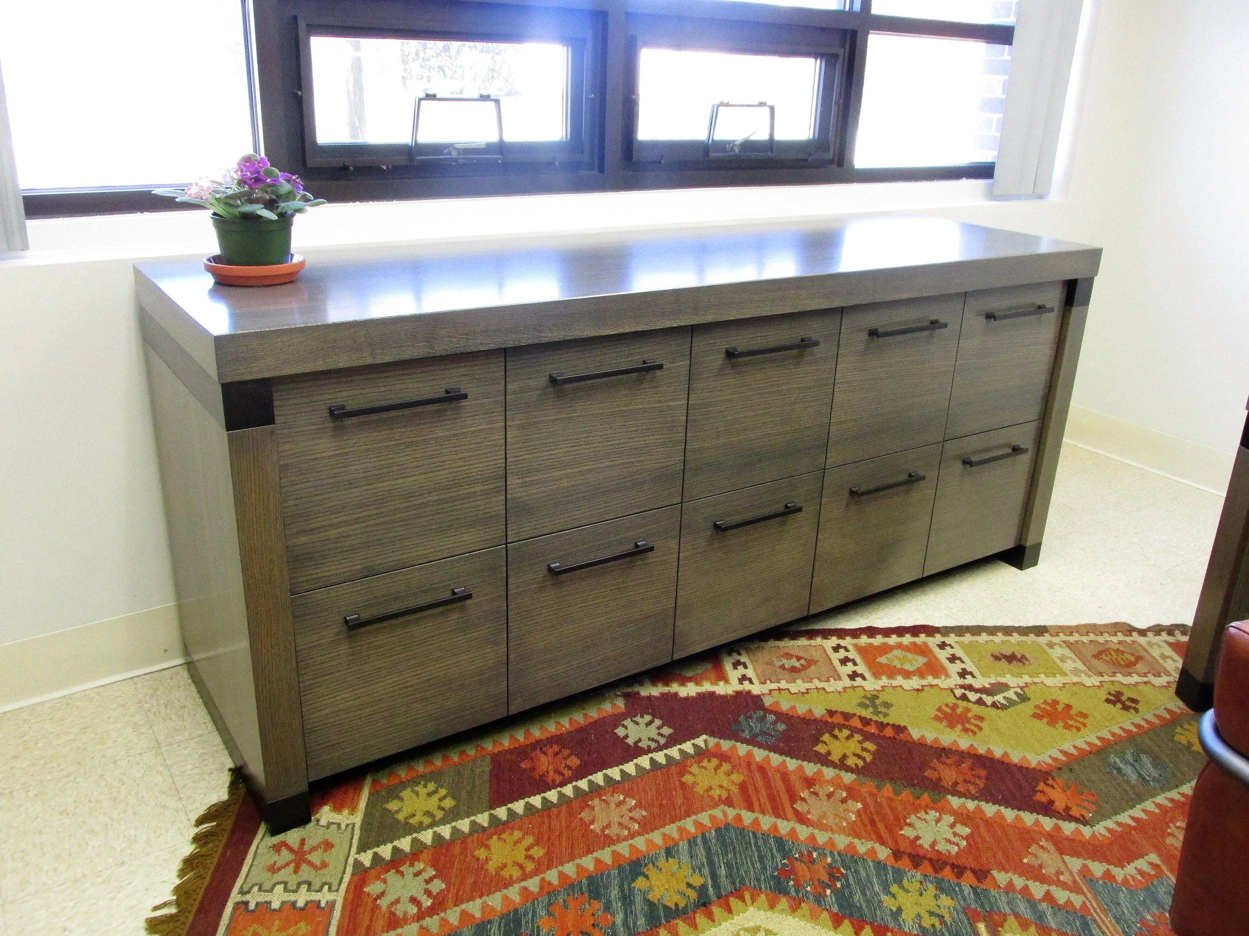 white oak credenza with walnut borders