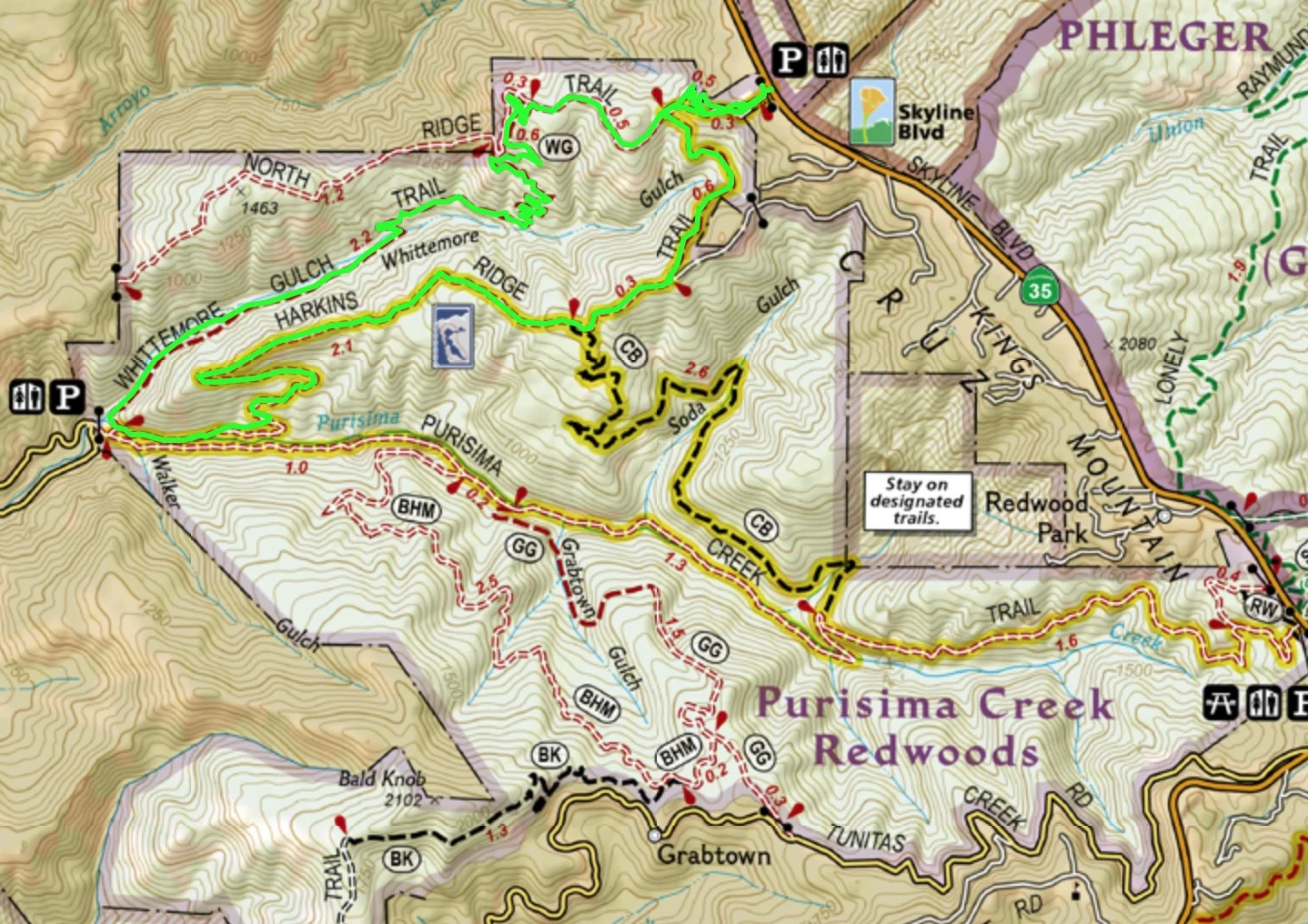 The described route is highlighted in green
