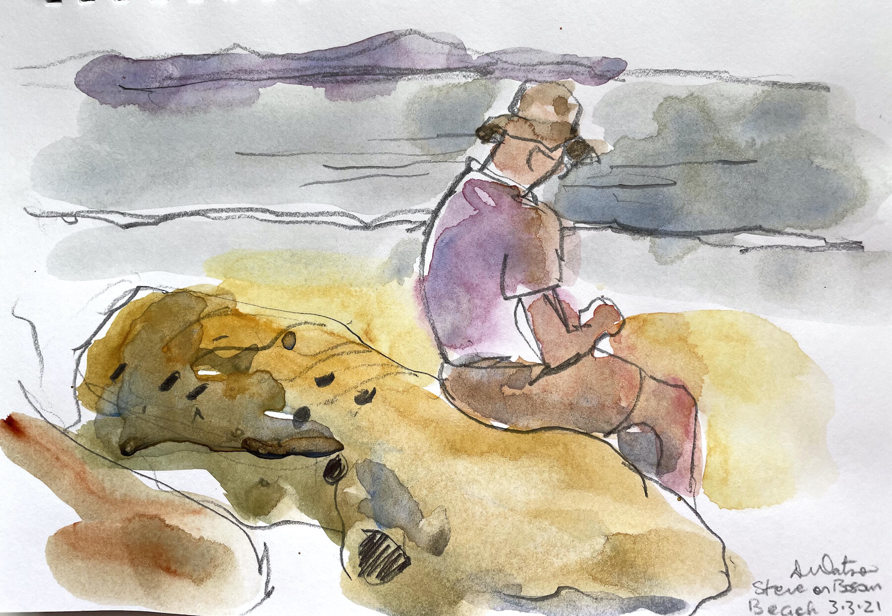   Steve on Bosom Beach  2021, 14x21cm, watercolour and graphite on cartridge paper 