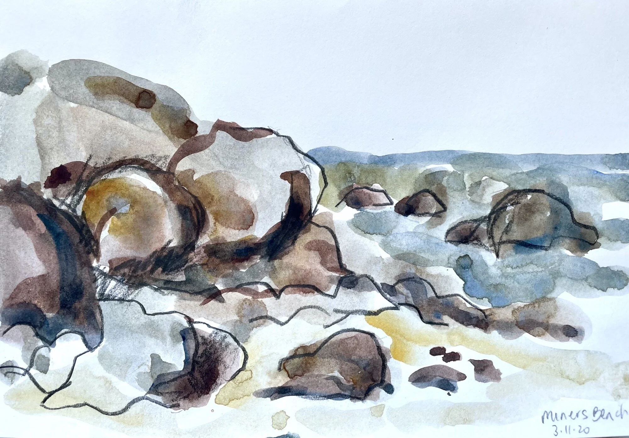   Miner’s Beach II  2020, 14x21cm, watercolour and graphite on cartridge paper 
