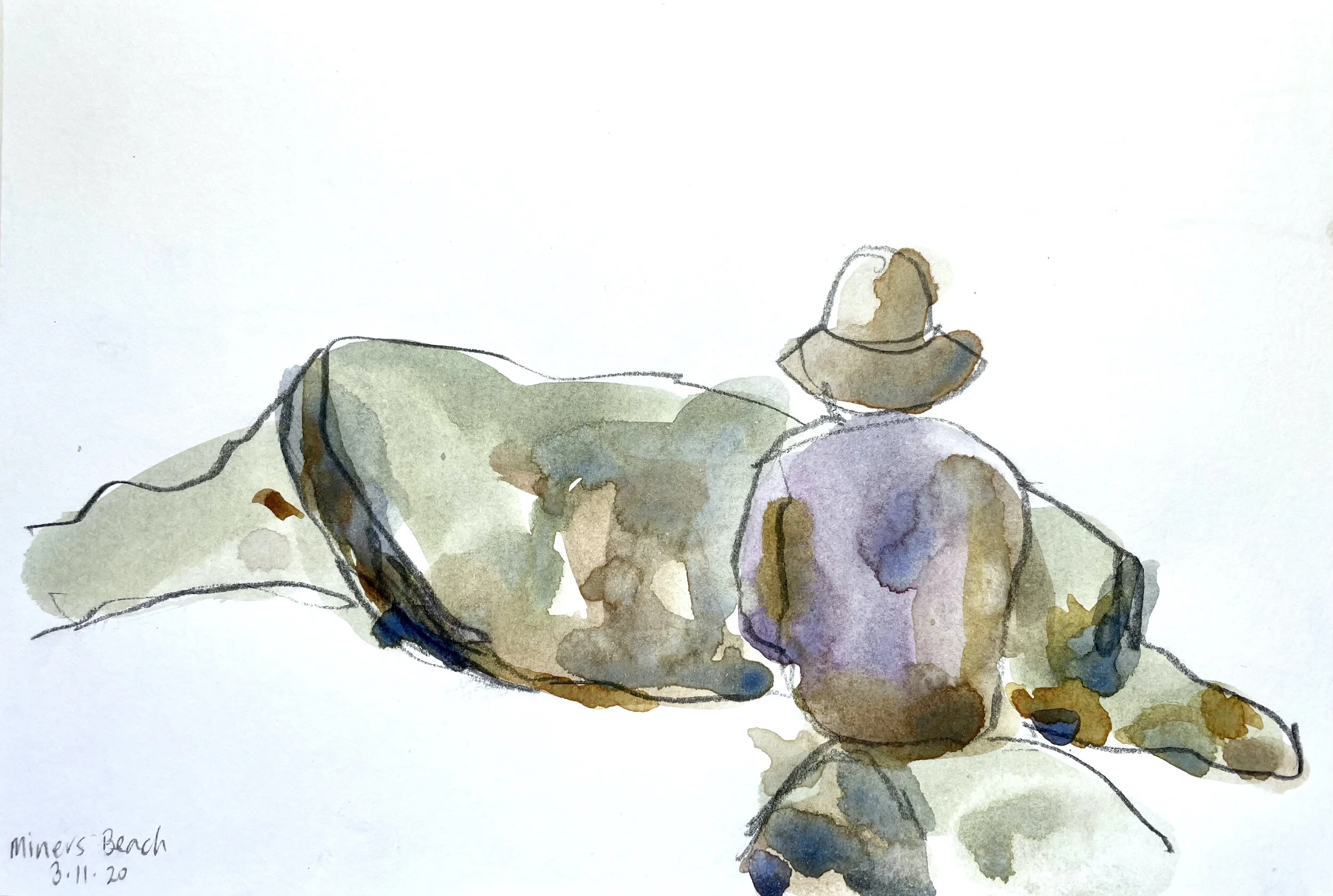   Steve on Miner’s Beach  2020, 14x21cm, watercolour and graphite on cartridge paper 