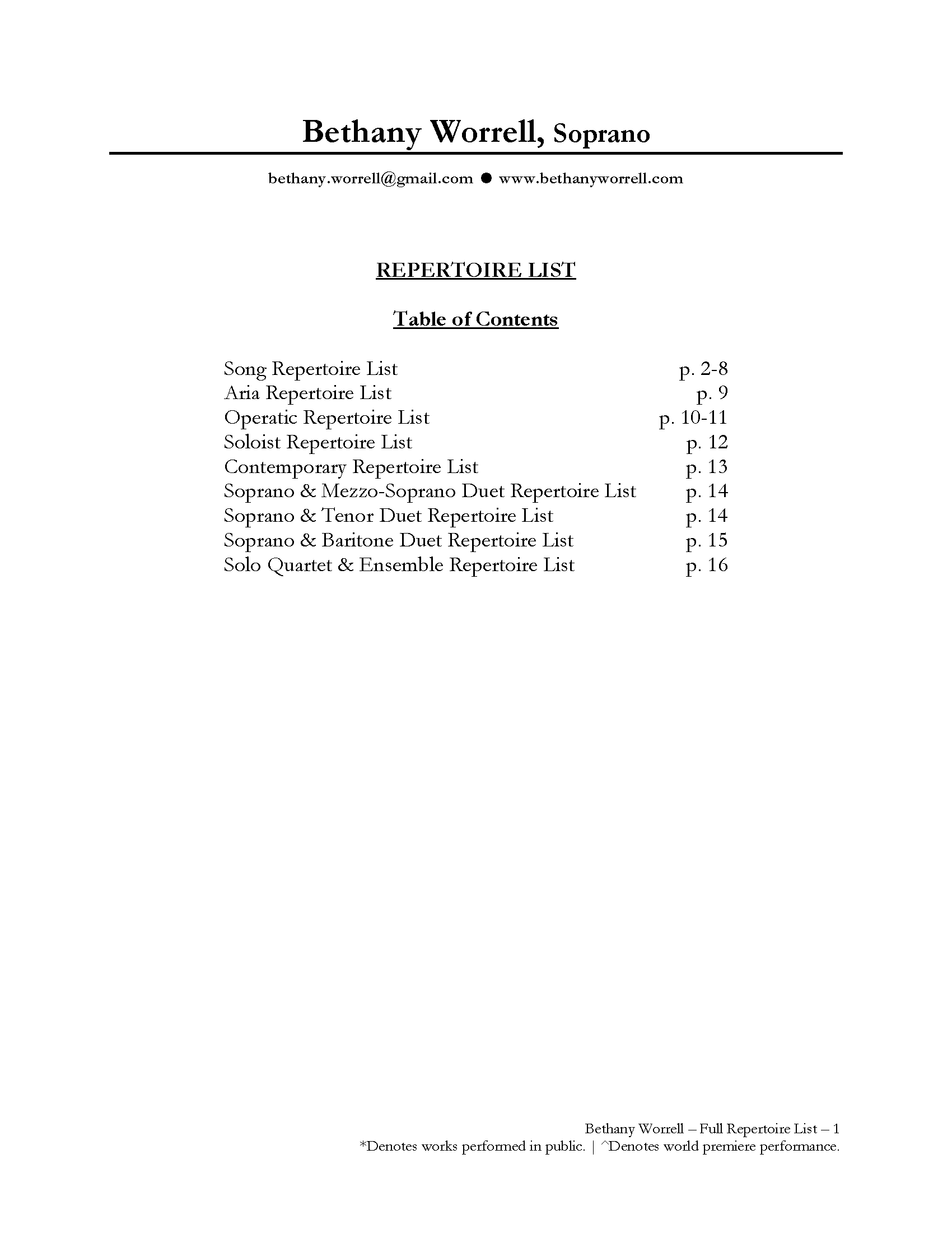 Repertoire List — Bethany Worrell Repertoire List — Bethany Worrell