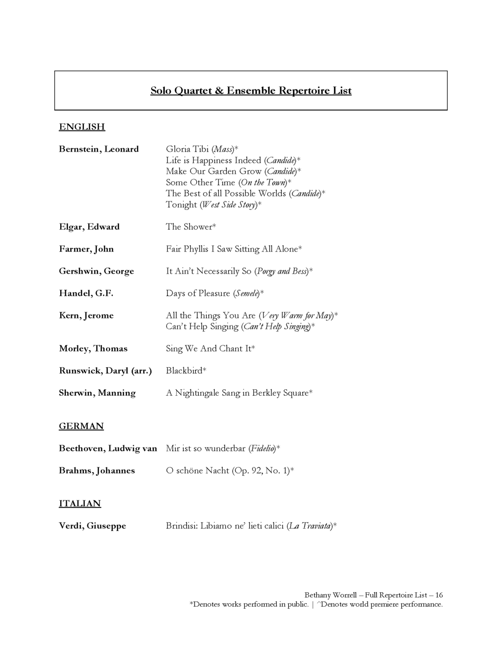 Repertoire List — Bethany Worrell