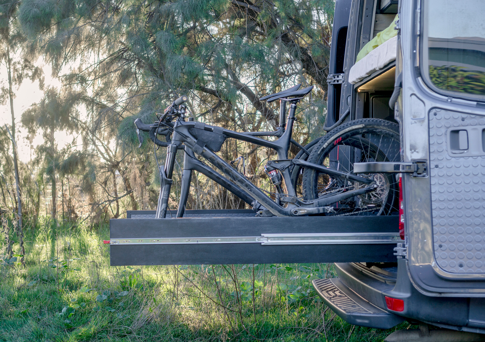 The bike platform slides out 60" for easy side loading and unloading.