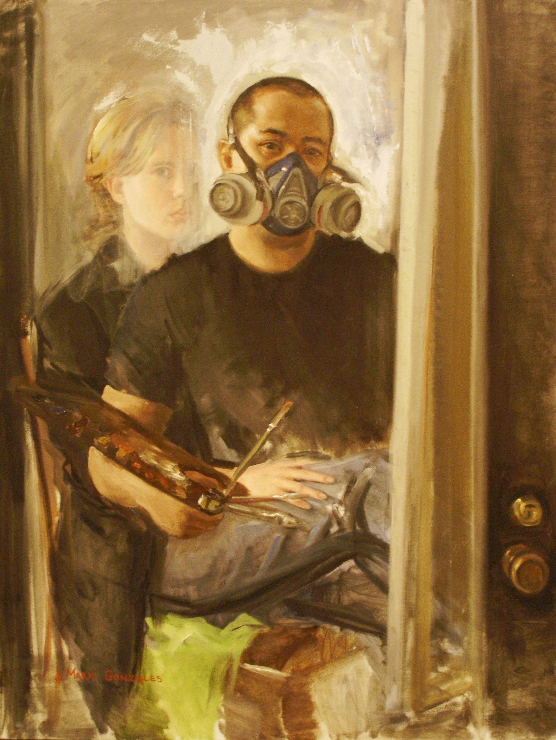 self portrait wit respirator, oil on linen