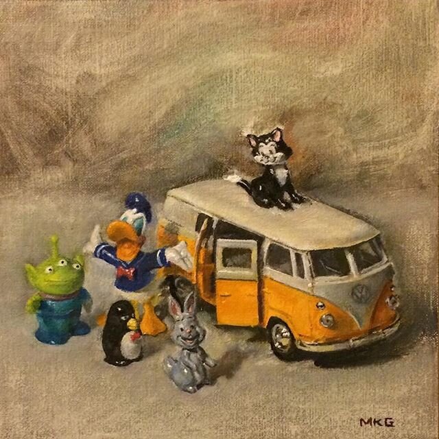 Hope everyone is practicing #socialdistancing this is an old #small #painting #paint #fineart #stilllifepainting  #artist #volkswagenbus #donaldduck ,&rdquo;All aboard&rdquo;! #markgonzalesfineart