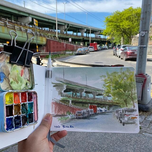 #pleinairpainting here in #brooklyn #watercolor #drawing  #painting #sketchbook @etchr_lab #highway #aquarelle