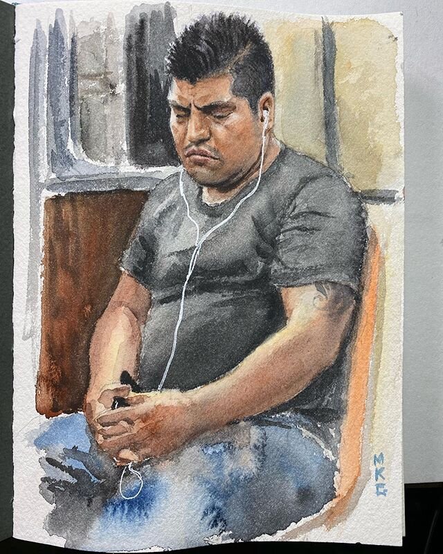 Saw this guy sleeping on the train, he had a great look. Maybe he was a former #boxer  happy to have snapped a photo of him #watercolor #painting #portrait #mta #drawing #sketchbook #archeswatercolorpaper @lakemichiganbookpress #newyorkcitylife