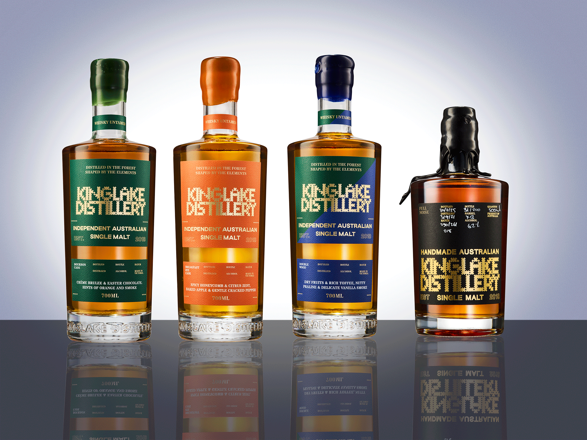Kinglake distillery whiskey bottles photo. 4 bottles photographed in the studio.