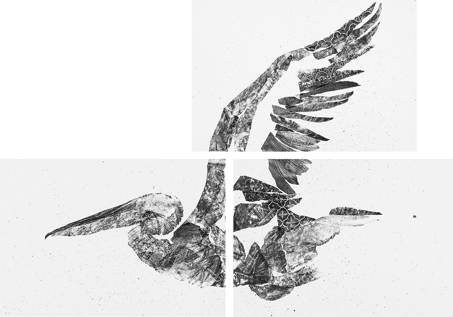 The Time triptych, 100 x 70 cm each (200 x 140 cm total). Carbon monotype, pencil &amp; ink on paper.