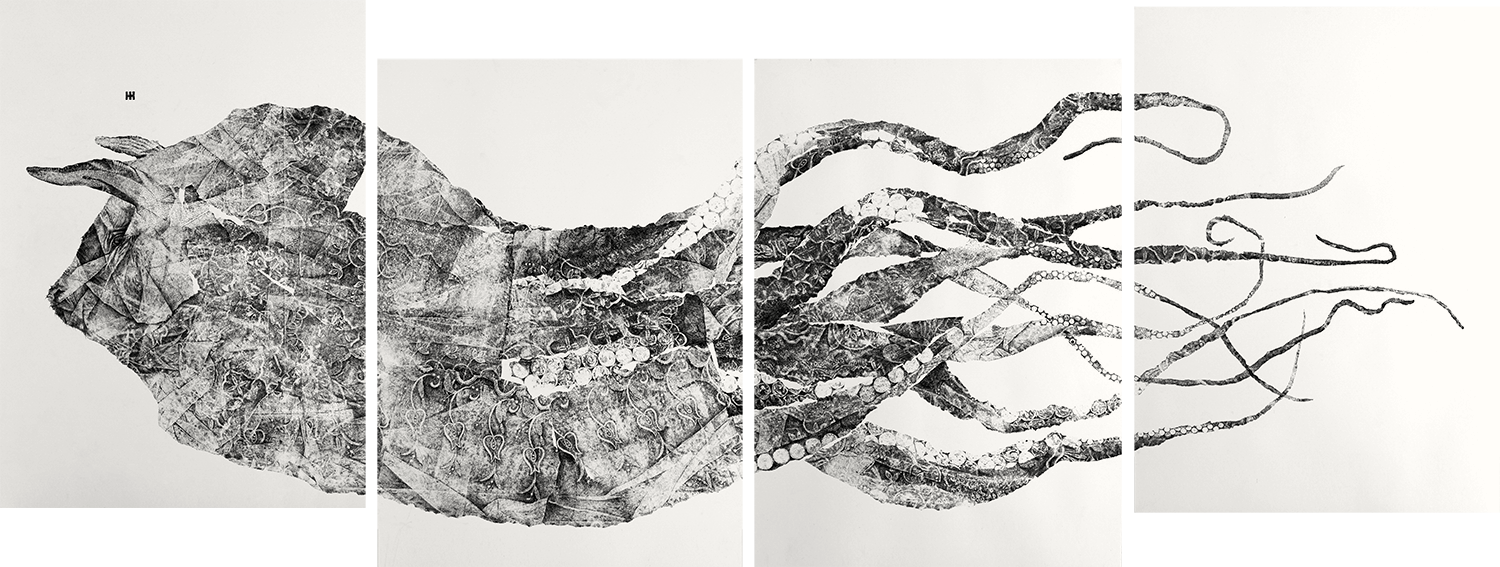 FOUR EQUAL PARTS Quadriptych, 70 x 100 cm each (280 x 110 cm total). Carbon monotype &amp; pencil on paper.