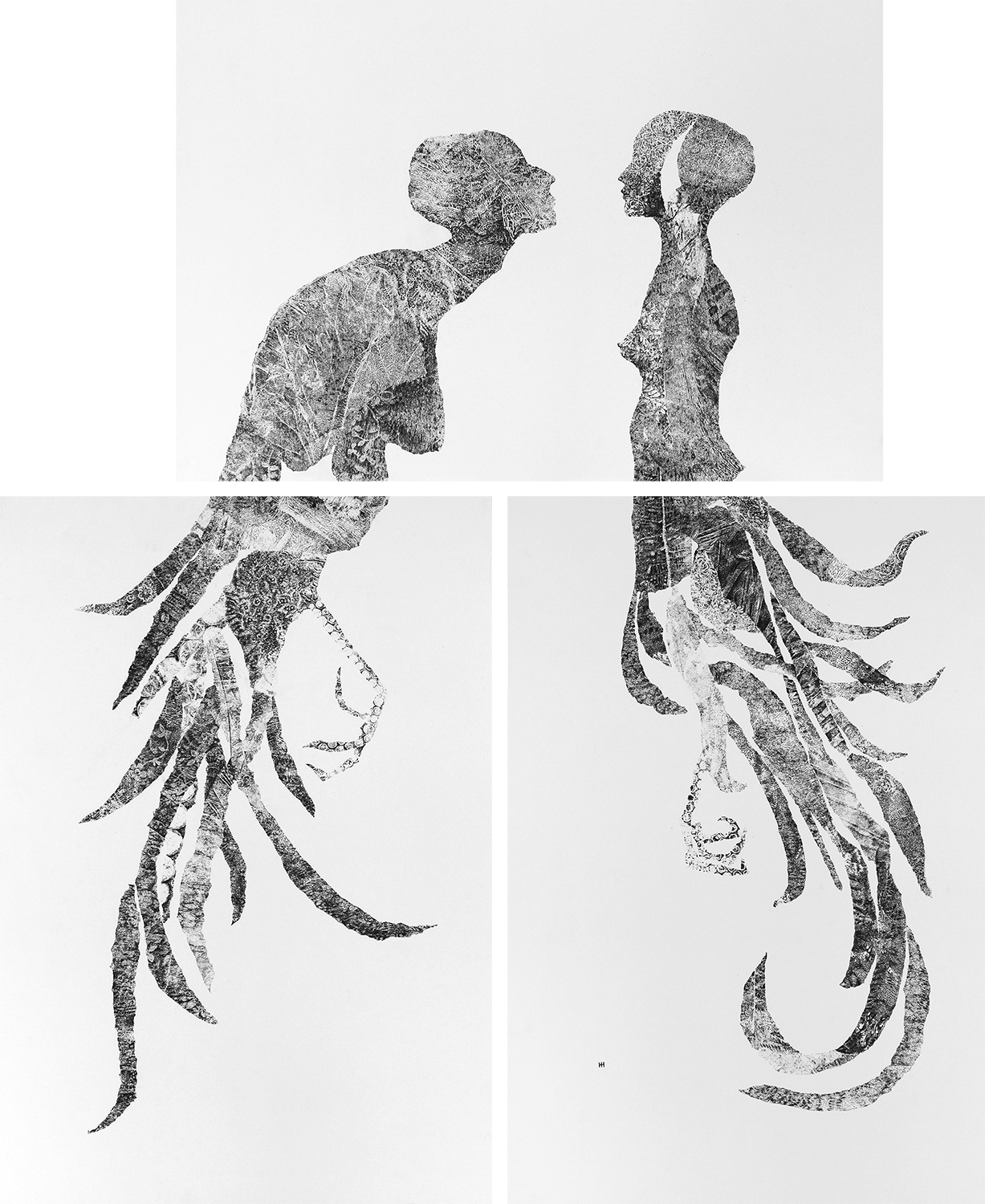 CORONATION Triptych, 90 x 60 cm each (150 x 120 cm total). Carbon monotype &amp; pencil on paper.