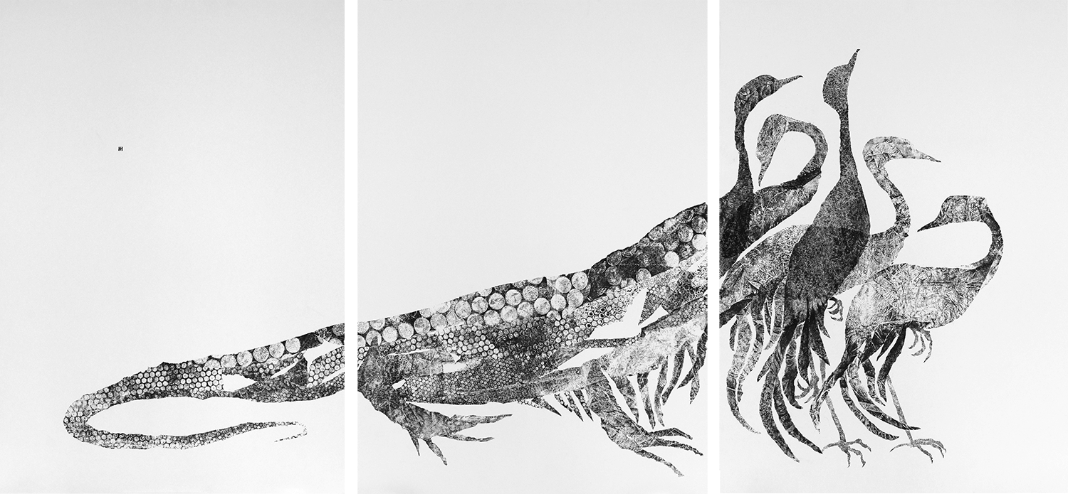 INNER CONTENT Triptych, 70 x 100 cm each (210 x 100 cm total). Carbon monotype &amp; pencil on paper.