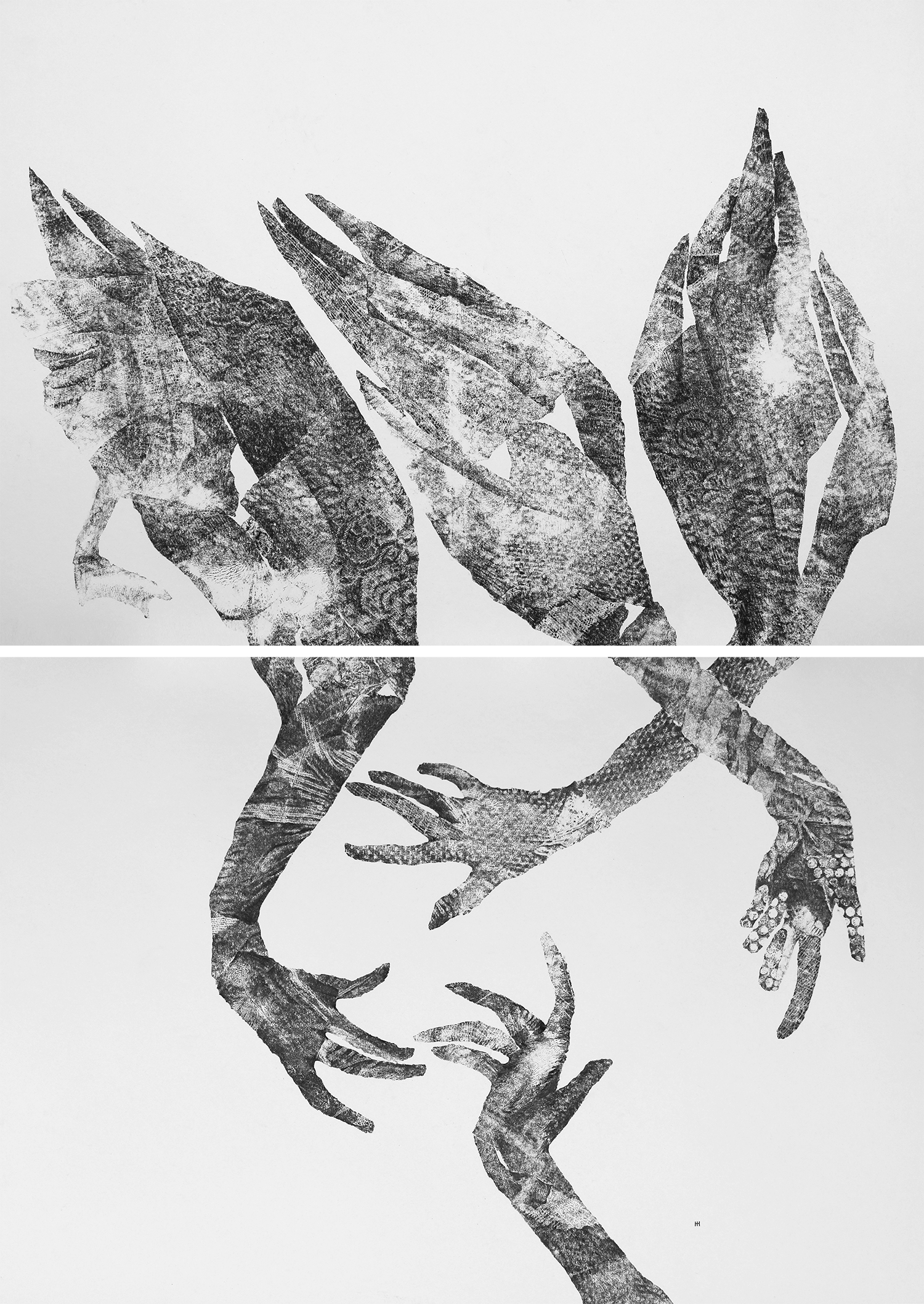 DOMESTICATION Diptych, 100 x 70 cm each (100 x 140 cm total). Carbon monotype &amp; pencil on paper.
