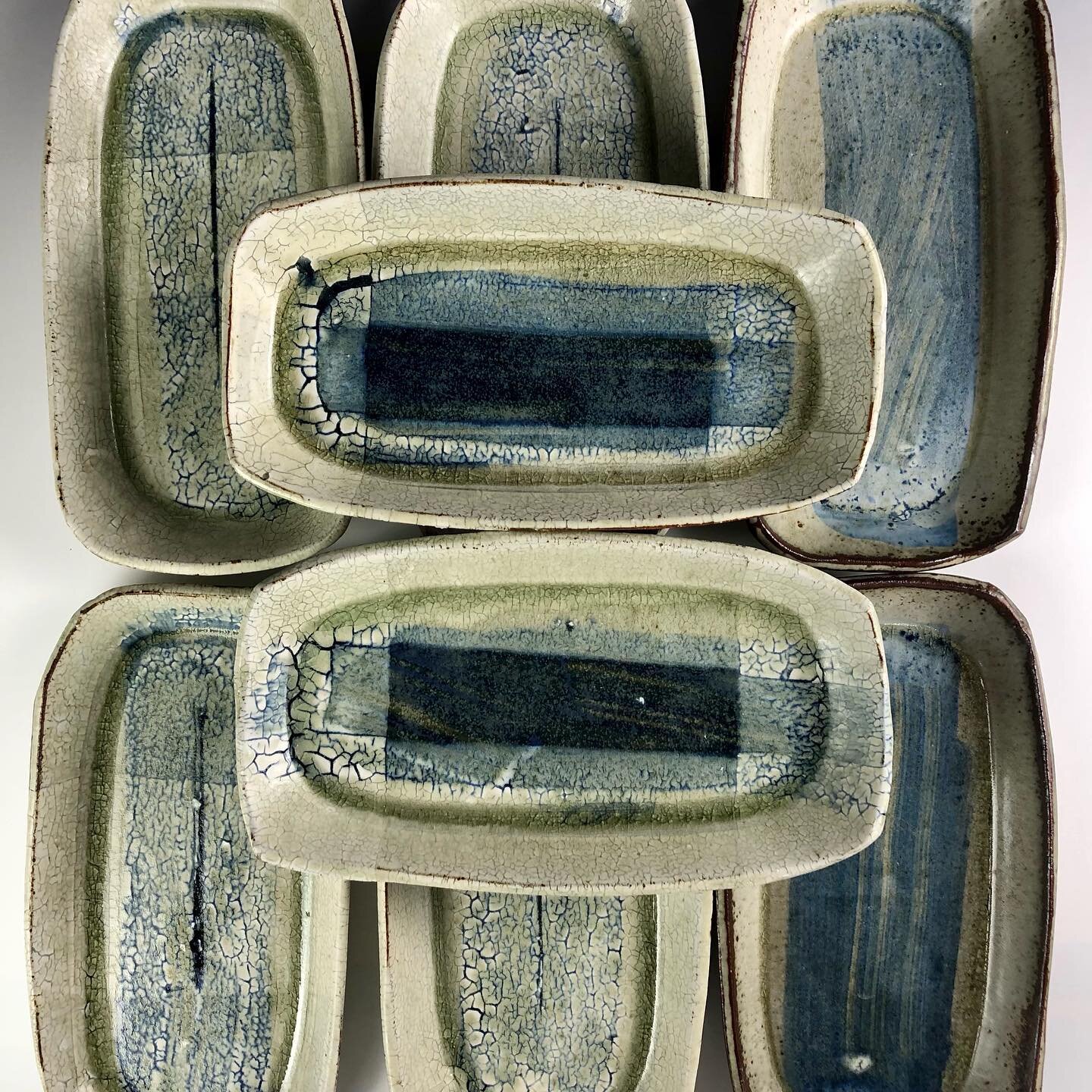 New #trays available with #crackle_slip over #blue_engobe. Available at our online store at Fiorenzo Berardozzi.com #ashglaze #10x5inch #ceramics #pottery #blue #cone10 #reduction #notoneisthesame #makesmaking #breathe #plates #naturesgrove #simplebu