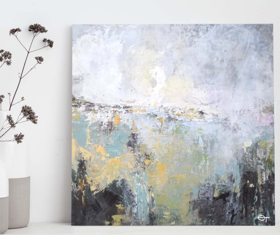 Small semi abstract landscape painting on wood panel with yellow and teal by Emma Tweedie 