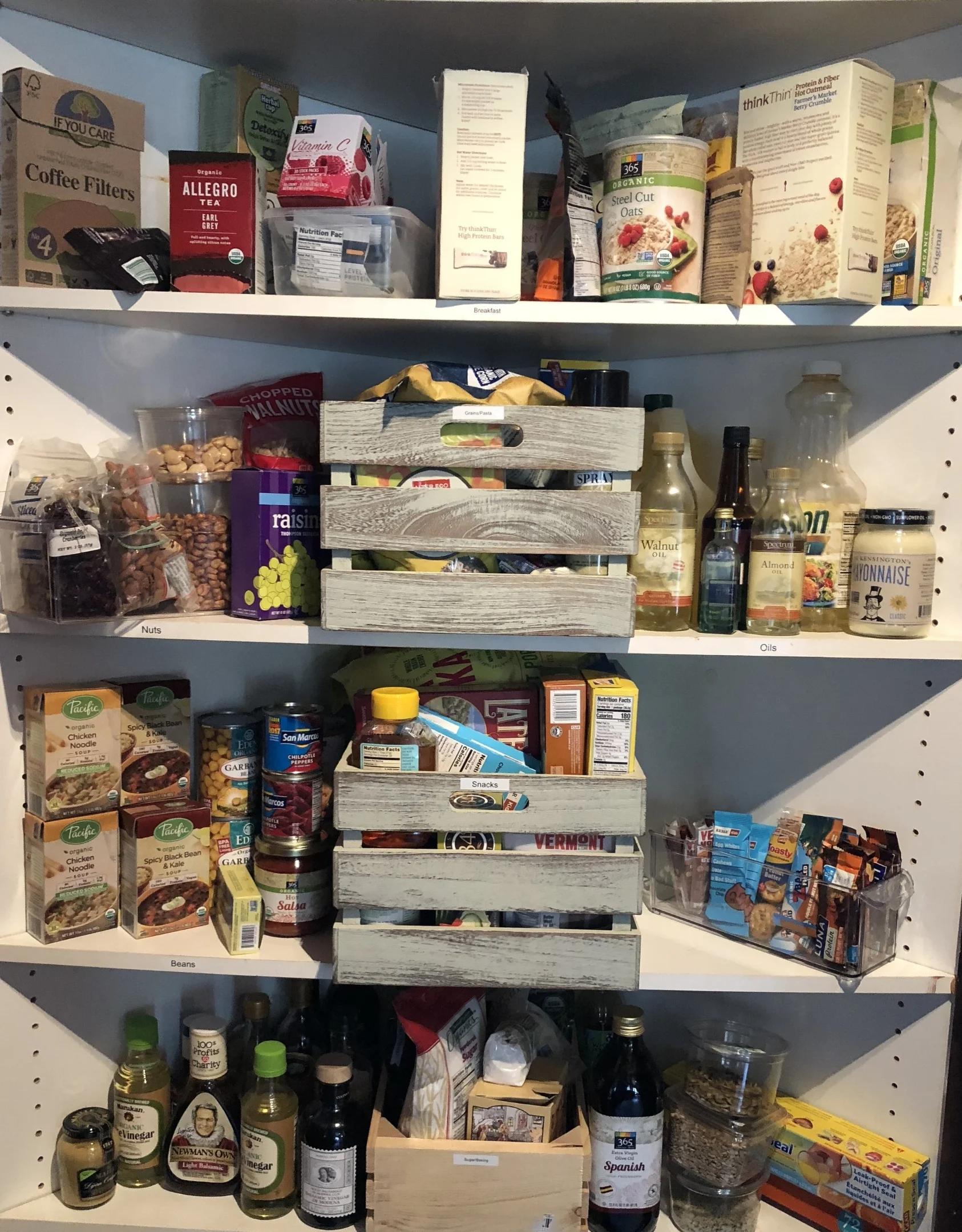 Simple pantry organization a la Enriched Family (Sorry, I forgot to take a before pic, but trust me, it was disorganized; also, my family had a few days to use this area before I had a chance to take the pic so the pantry had been "well loved" at this point, but you get the idea)