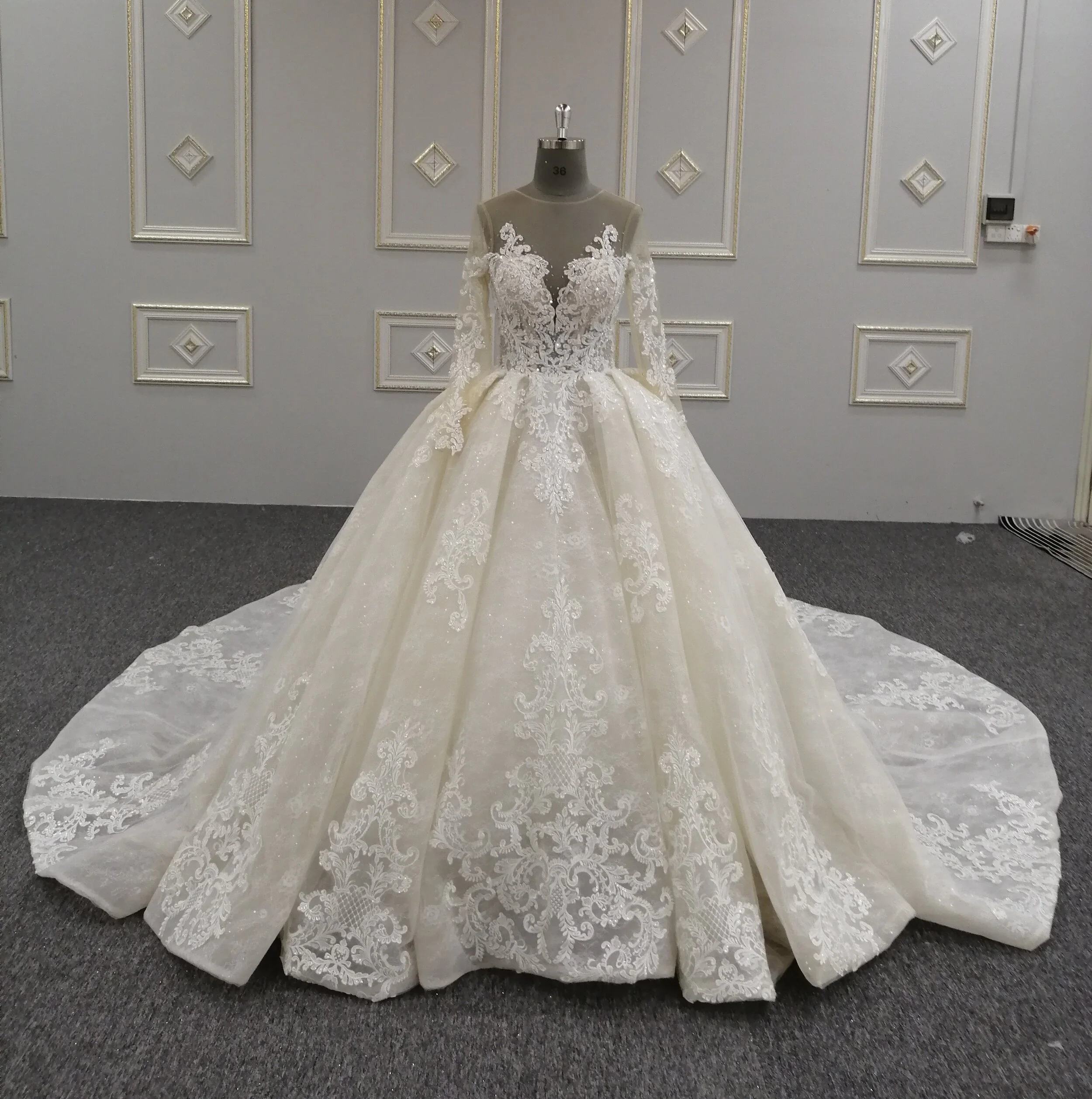 Champagne Lace Applique Beaded Wedding Dress
