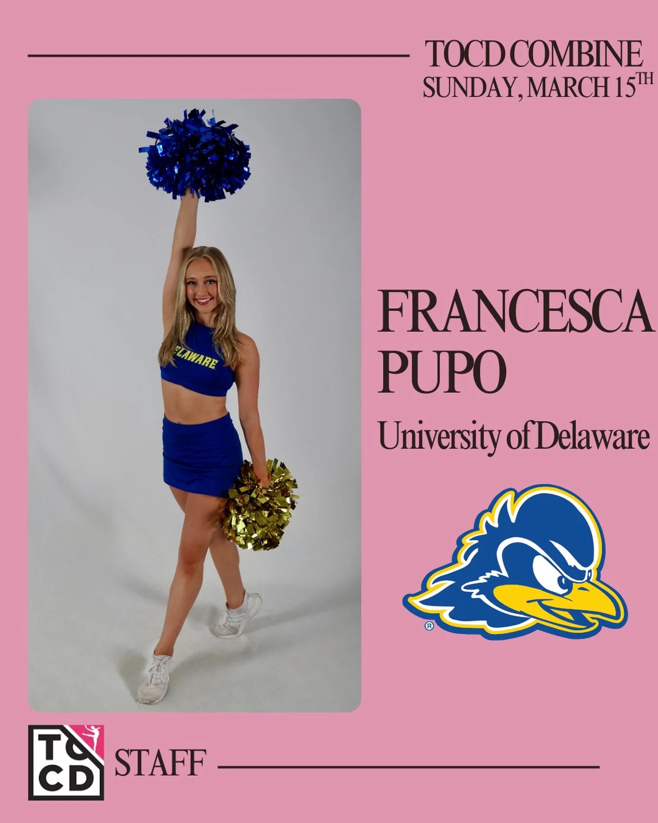 The TOCD Combine is coming in hot 🔥and our next staff member is Francesca Pupo, from the Univeristy of Delaware! 

Francesca is a Sophmore at UDel, majoring in Accounting and Minoring in Management Information Systems. Francesca is a member of their