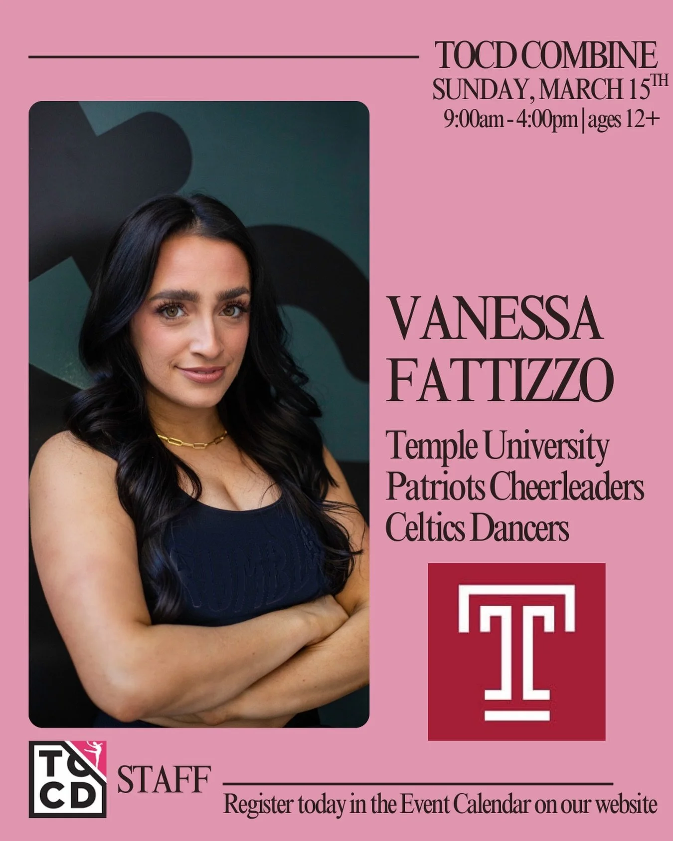 TOCD Combine Faculty Announcement - Vanessa Fattizzo ✨🔥 

Vanessa is a former collegiate dancer, NFL cheerleader, and NBA dancer (&amp; TOCD Alumni!). She was a member of the Temple University Diamond Gems Dance Team for three seasons, serving as ca